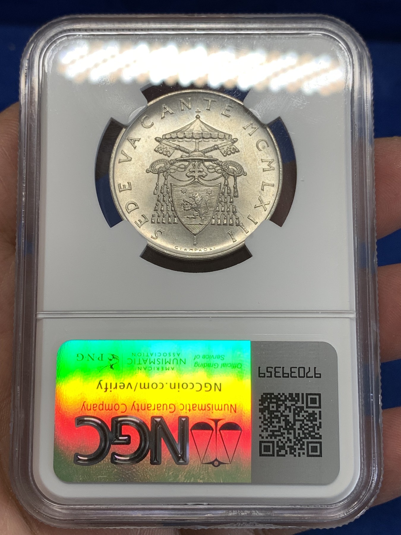 《竞宝斋》第251场-周日，周一2场连拍 (全场包邮) NGC MS63 梵蒂冈1963年教皇缺位500里拉银币