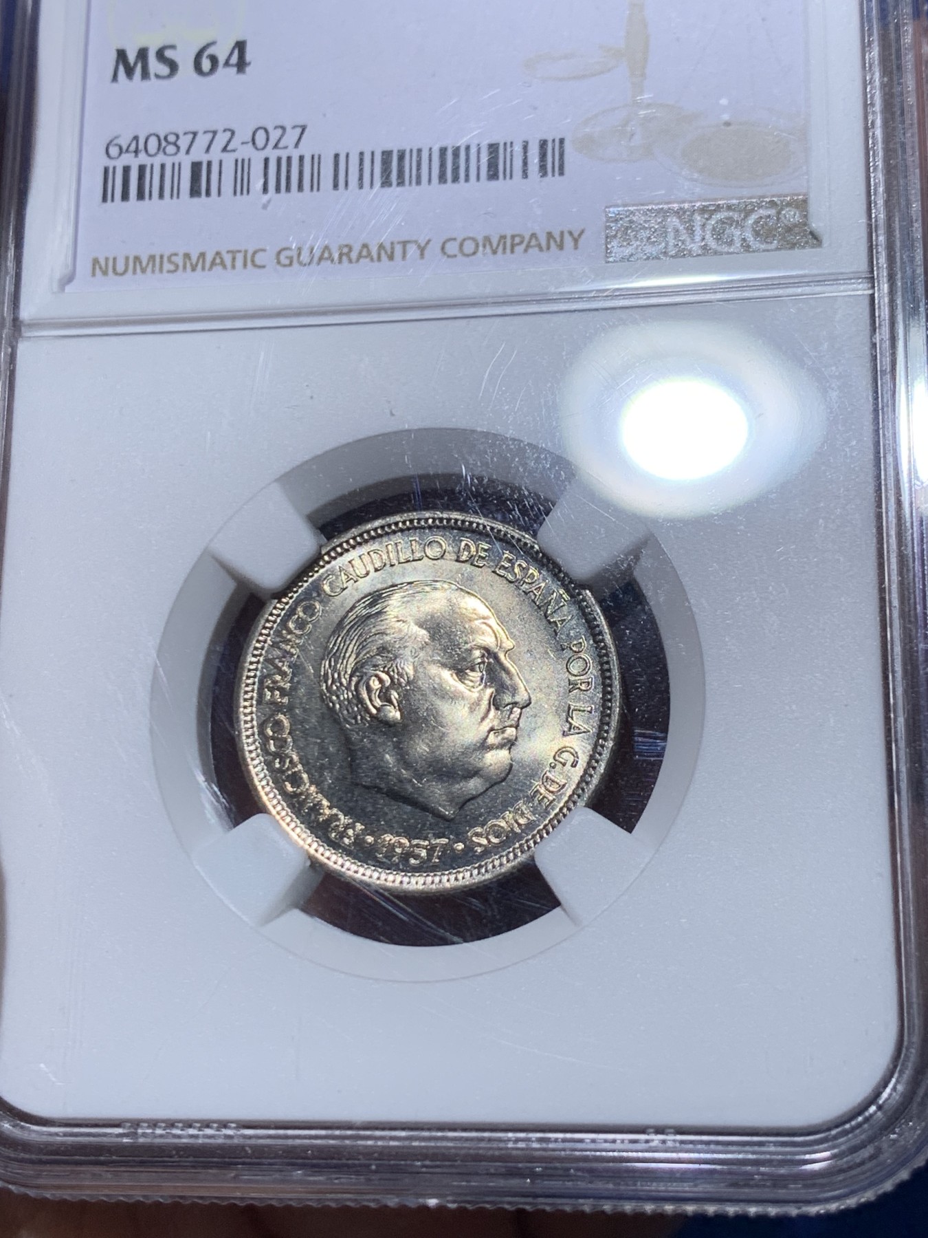 《竞宝斋》第251场-周日，周一2场连拍 (全场包邮) NGC MS64 西班牙1957年弗朗哥5比塞塔镍币，卷拆币