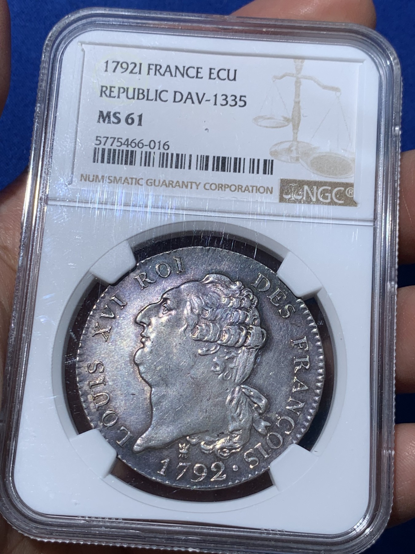 《竞宝斋》第251场-周日，周一2场连拍 (全场包邮) NGC MS61 法国1792年少见利摩日厂天使埃居银币 南部薰衣草凝紫包浆 头像深耸无矫正痕打制完美 这个品种没有矫正痕的好品难以觅得