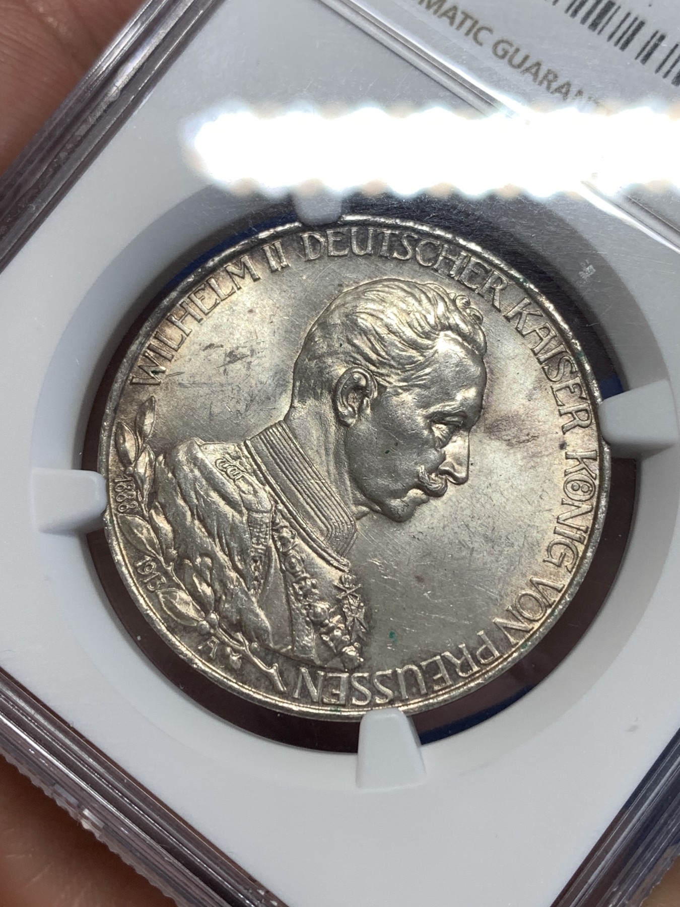 《竞宝斋》第251场-周日，周一2场连拍 (全场包邮) NGC MS62 德国普鲁士1913年威廉二世花枝3马克银币