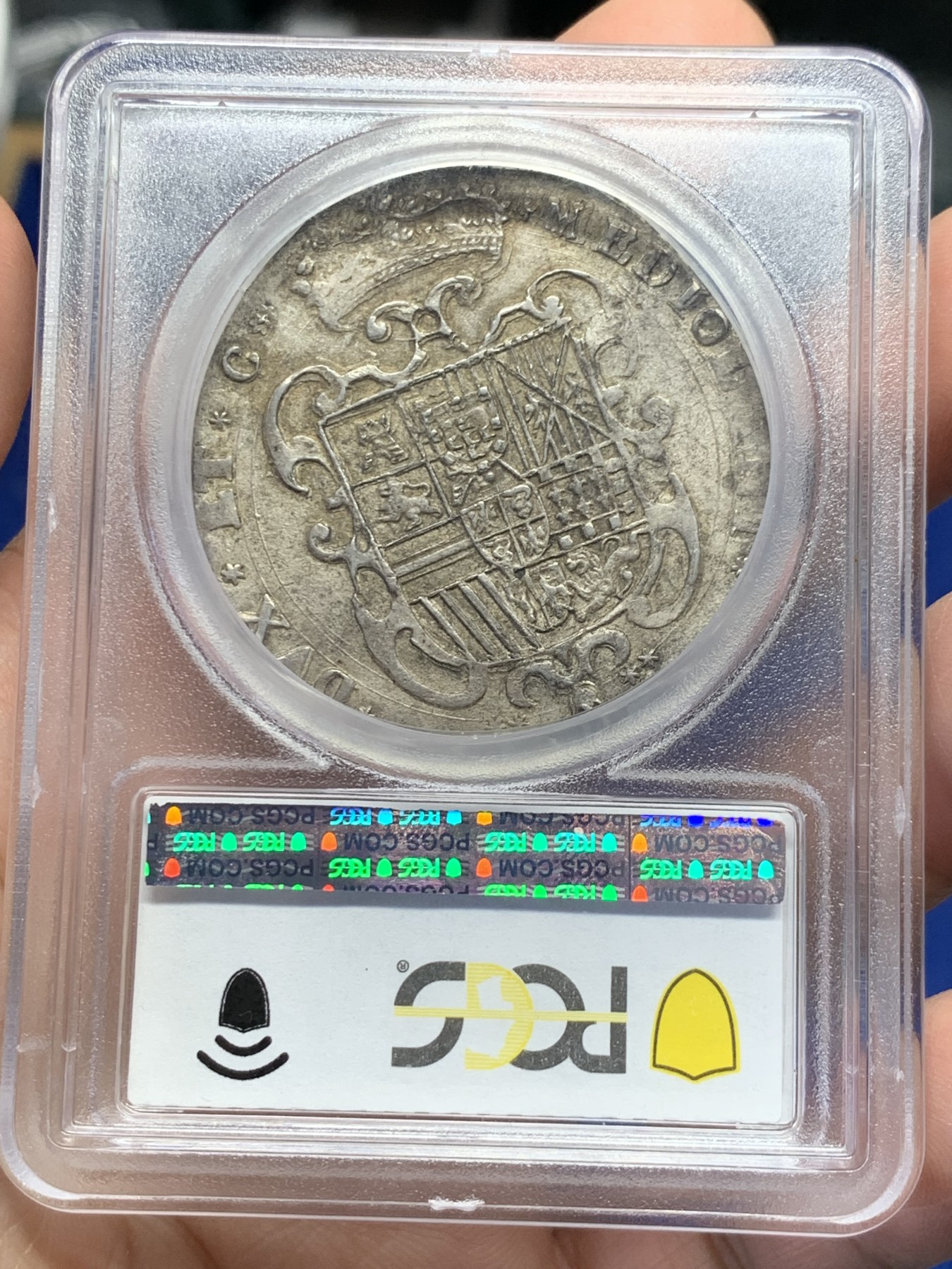 《竞宝斋》第251场-周日，周一2场连拍 (全场包邮) PCGS AU55 1657年米兰公国菲利普四世Filippo大银币 低评，状态上佳，高点和纹章细节都在，比后期的卡洛斯二世少很多