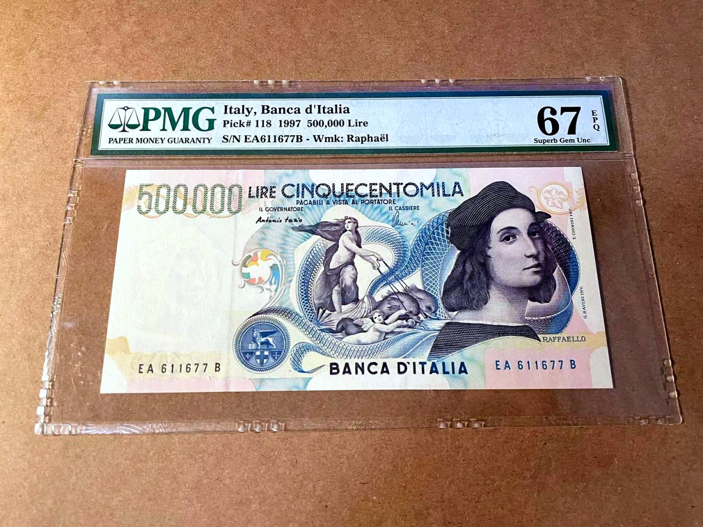 【Blue Auction】✨世界纸币精拍第453期【精】 意大利 1997年50万里拉 拉斐尔 经典 PMG67EPQ 高分 老壳