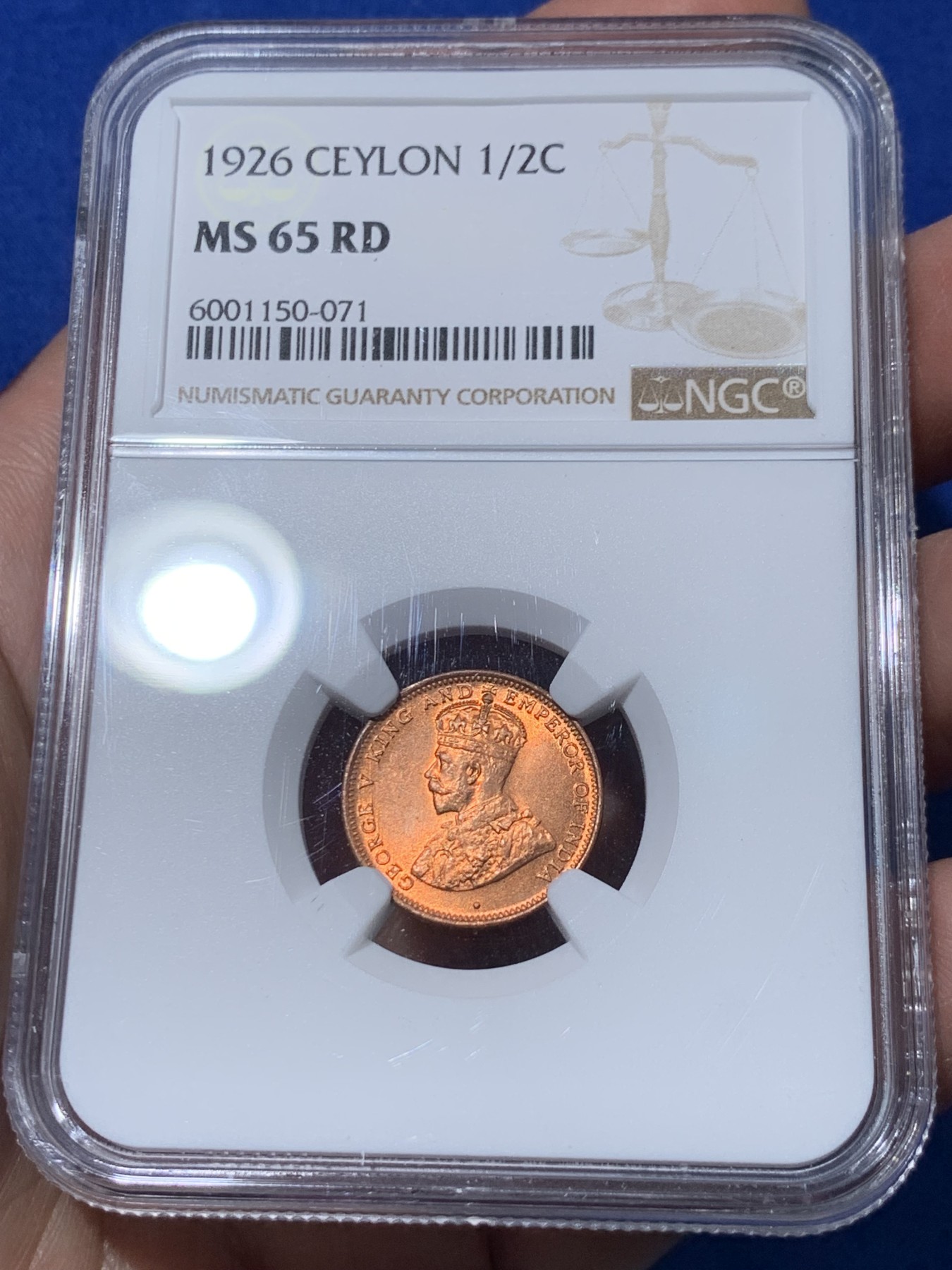 《竞宝斋》第251场-周日，周一2场连拍 (全场包邮) NGC MS65RD 英属锡兰 1926年 1/2分铜币 乔治五世 原红铜光 极品品相