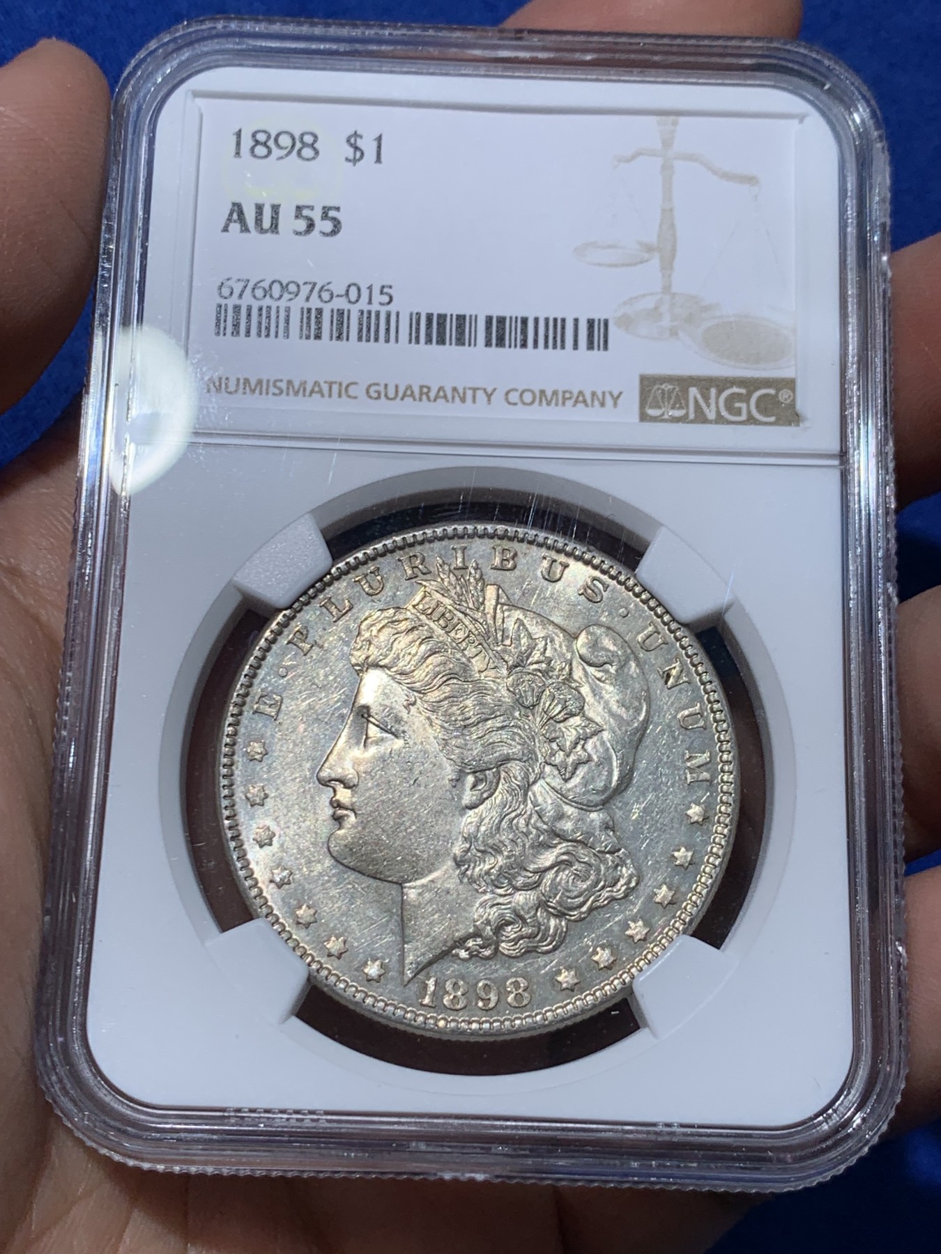 《竞宝斋》第251场-周日，周一2场连拍 (全场包邮) NGC AU55 美国1898年摩根银币 挺少见的年份版别 值得收藏