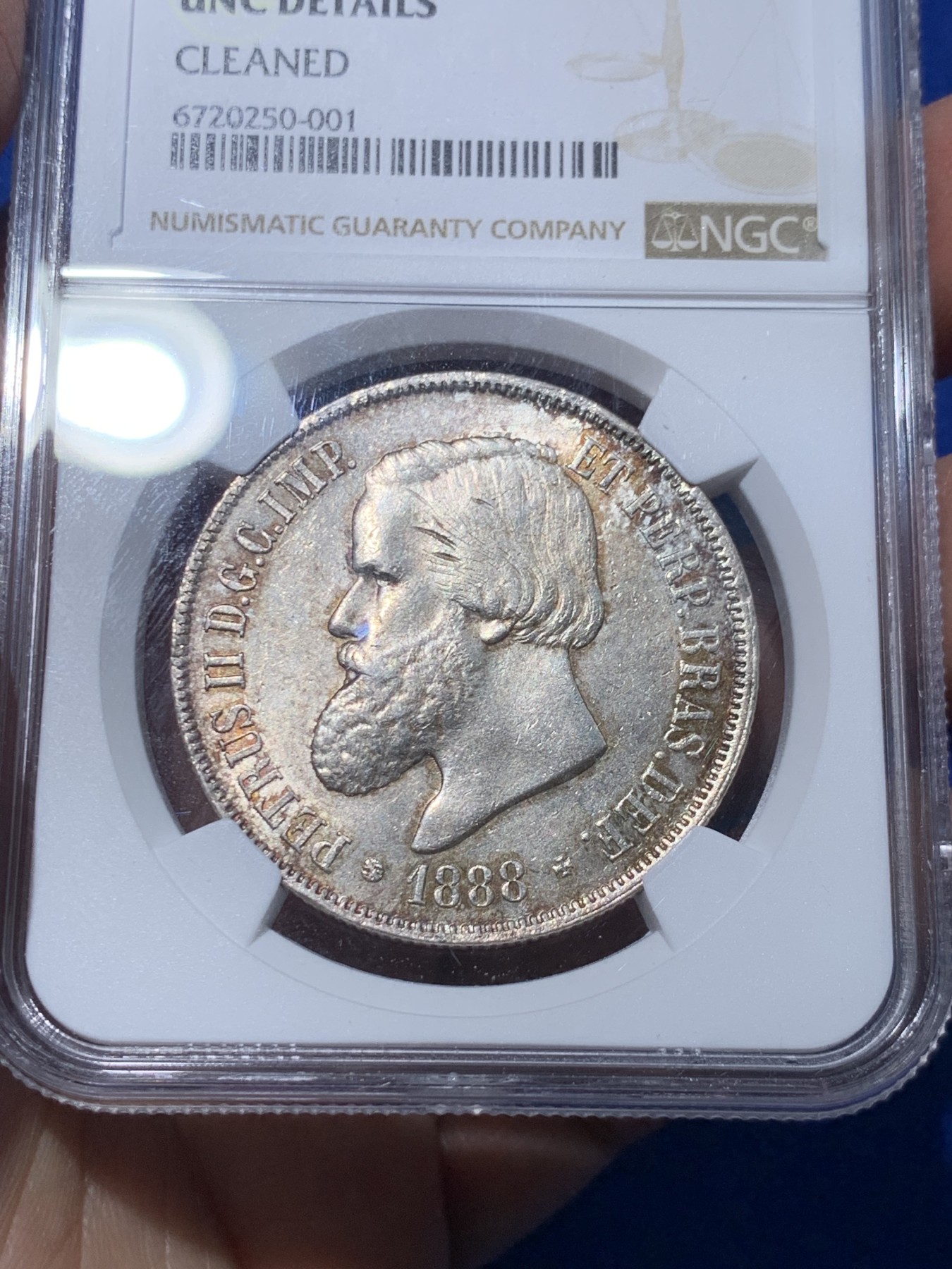 《竞宝斋》第251场-周日，周一2场连拍 (全场包邮) NGC UNCD 巴西帝国1888年2000瑞斯银币，佩德罗二世像，原味包浆，转光流畅，币面未见清洗痕迹，严评错杀，大热吉祥特年。