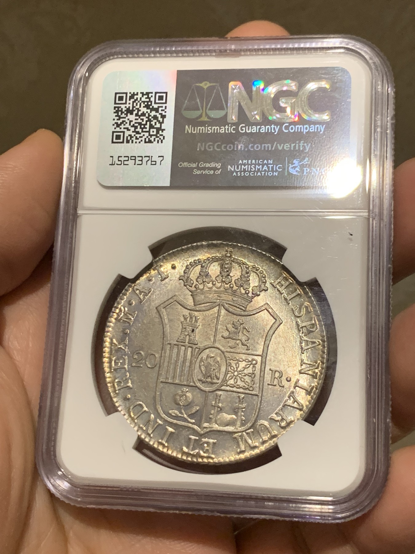 《竞宝斋》第251场-周日，周一2场连拍 (全场包邮) 唯一亚军分 NGC MS64+ 1812年 法占西班牙 约瑟夫拿破仑20R银币，细节极佳 发丝清晰 五彩包浆 底板如绸