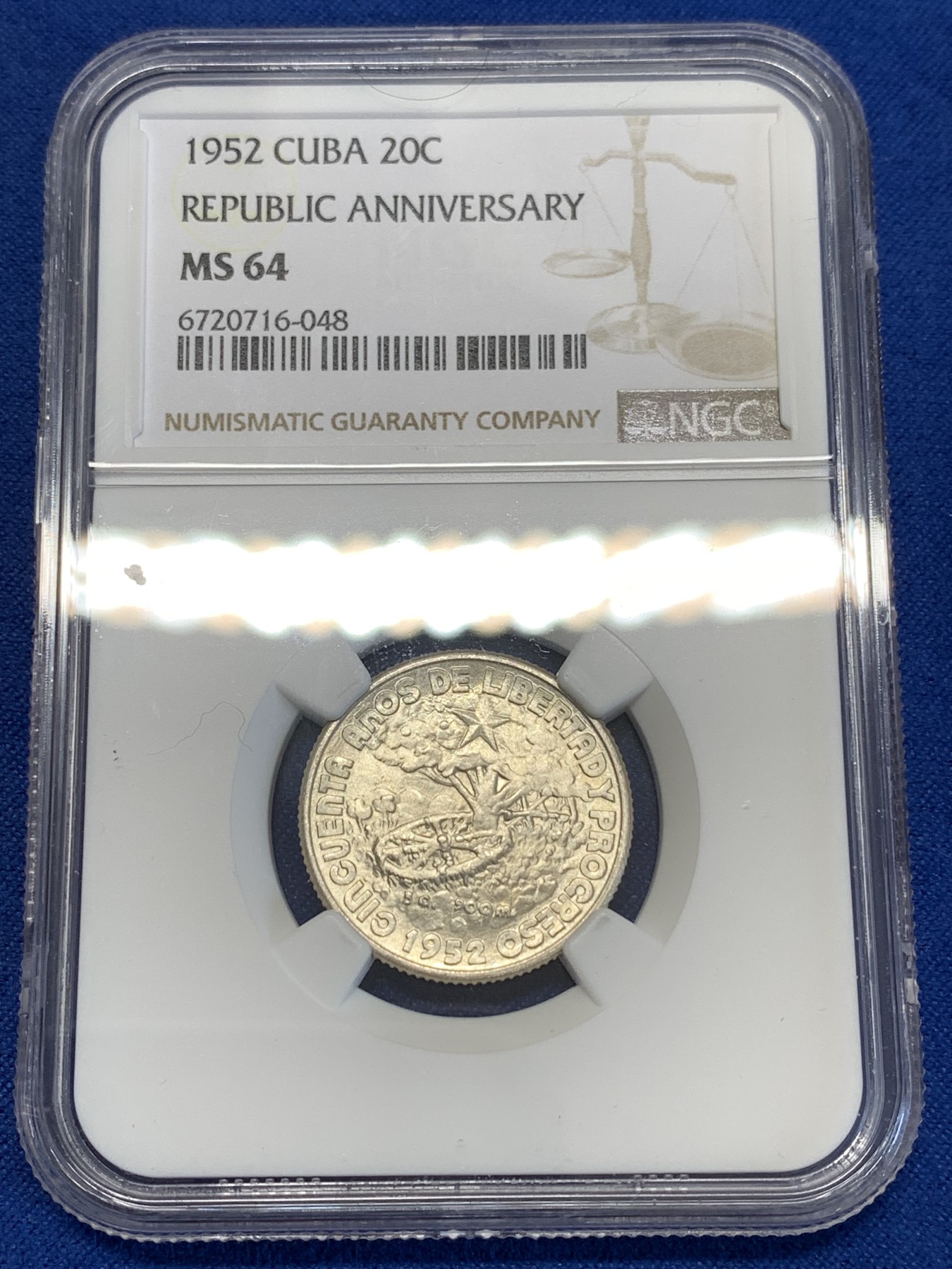 《竞宝斋》第251场-周日，周一2场连拍 (全场包邮) NGC MS64 古巴 1952年 50周年纪念 20分银币 分数不错