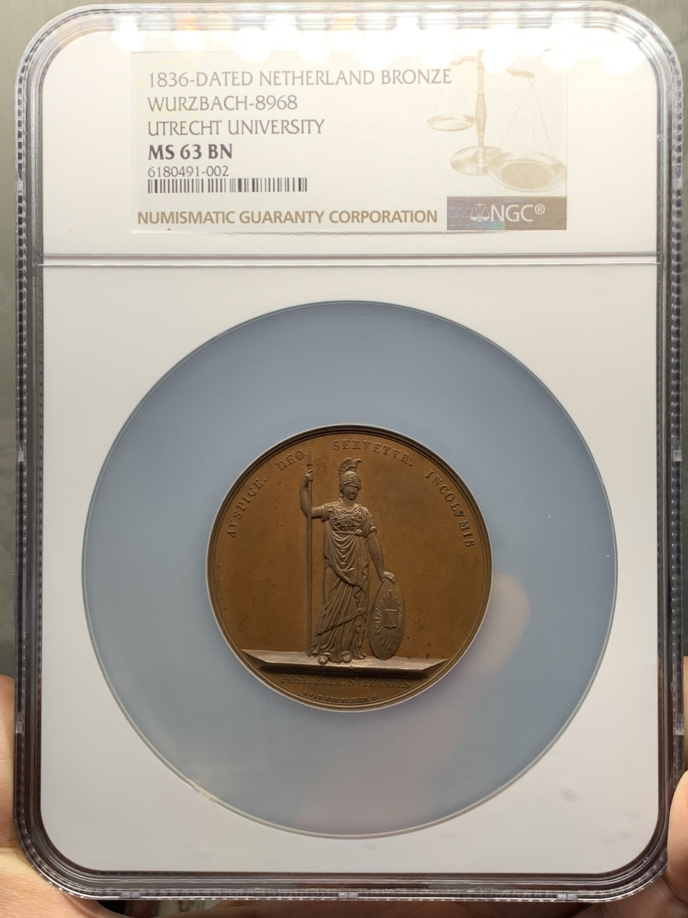 《竞宝斋》第251场-周日，周一2场连拍 (全场包邮) NGC MS63 荷兰1836乌特勒支大学铜章 大盒封装