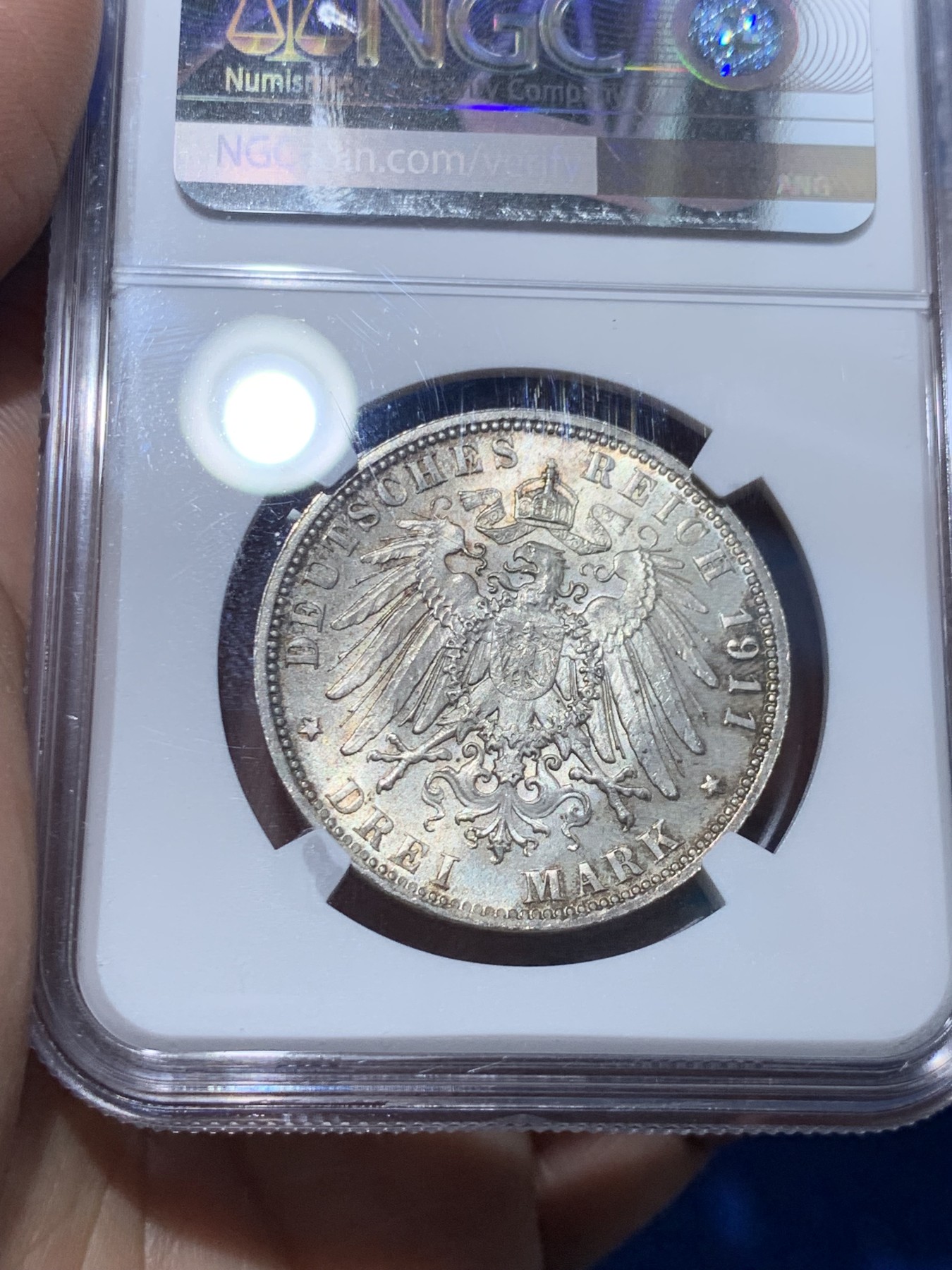 《竞宝斋》第251场-周日，周一2场连拍 (全场包邮) NGC MS64 德国巴伐利亚1911年利奥波德90岁寿辰3马克银币