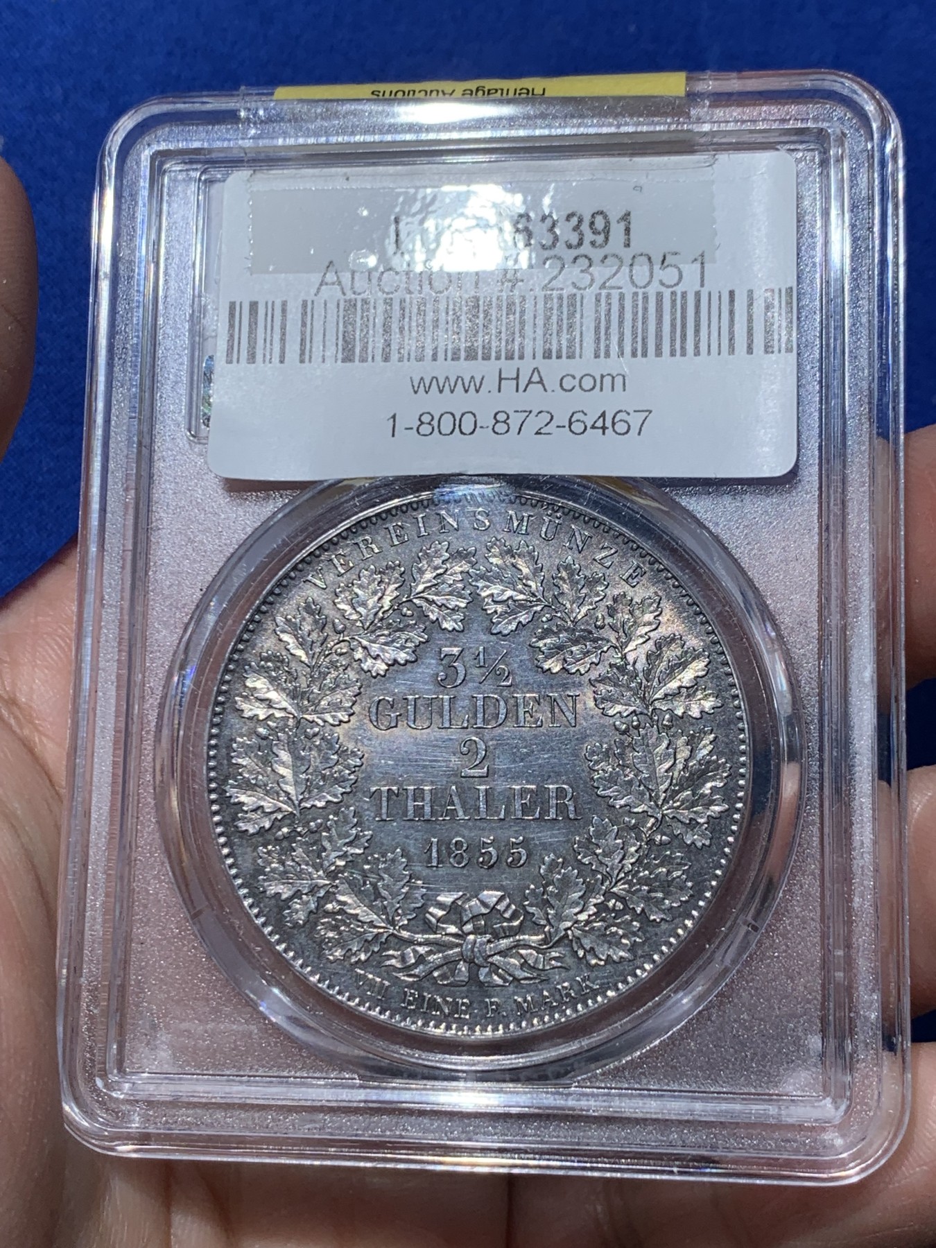 《竞宝斋》第251场-周日，周一2场连拍 (全场包邮) PCGS UNC 德国符腾堡1855金婚2泰勒银币 状态非常好 没感觉有清晰