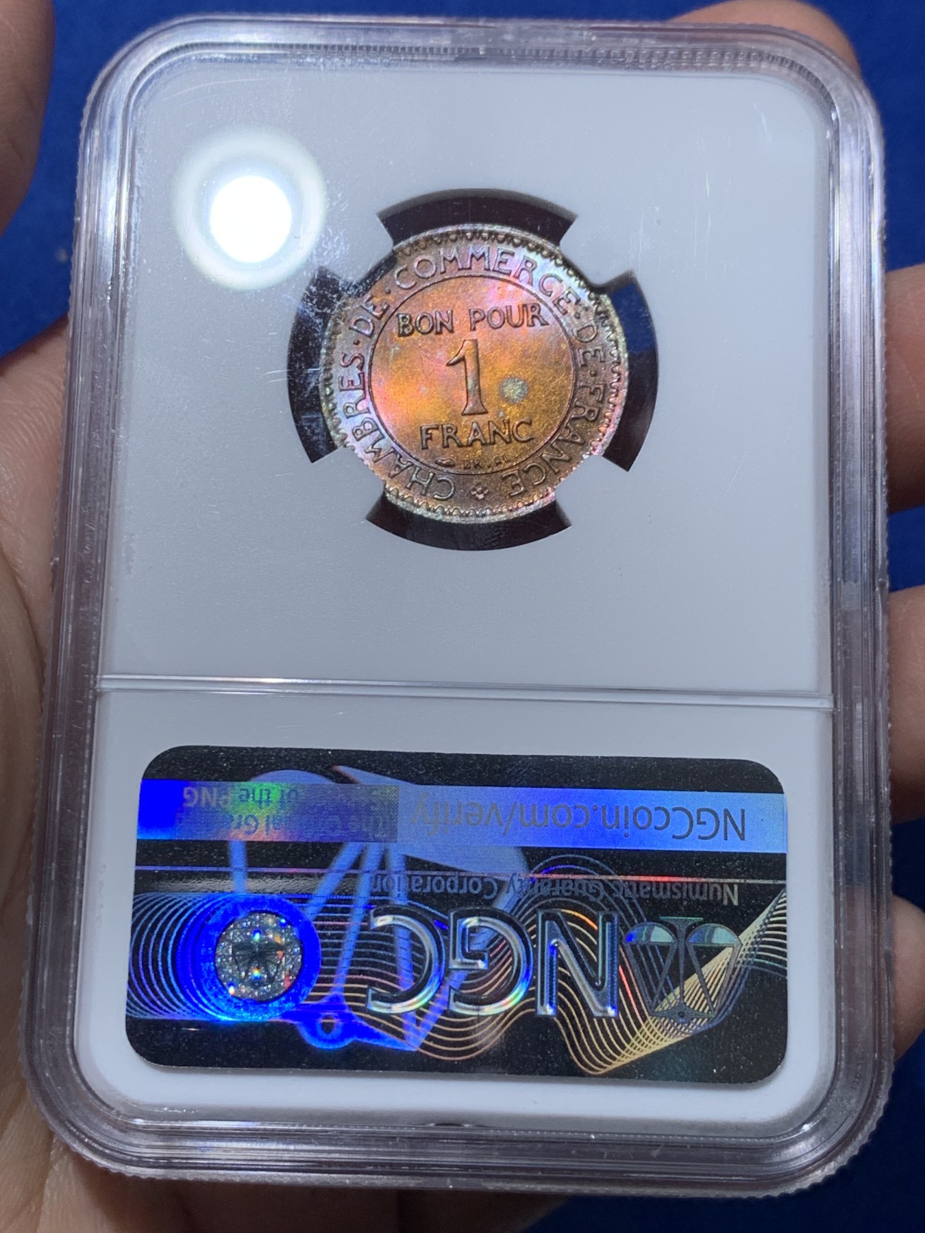 《竞宝斋》第251场-周日，周一2场连拍 (全场包邮) NGC MS62 1924年 法国贸易法郎铜币 底板好两面炫彩强转光 低评了