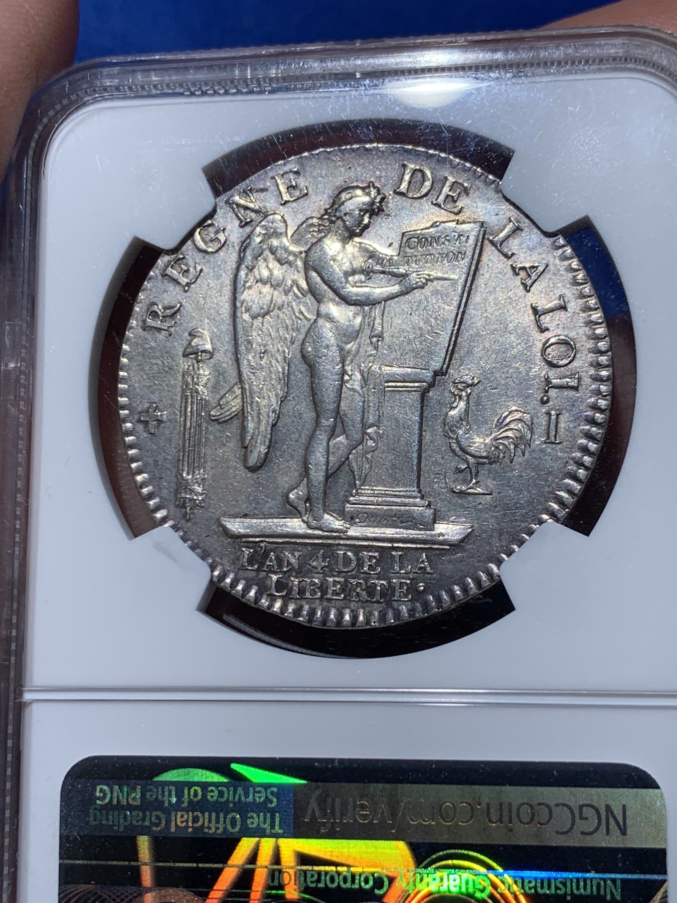 《竞宝斋》第251场-周日，周一2场连拍 (全场包邮) NGC MS61 法国1792年少见利摩日厂天使埃居银币 南部薰衣草凝紫包浆 头像深耸无矫正痕打制完美 这个品种没有矫正痕的好品难以觅得