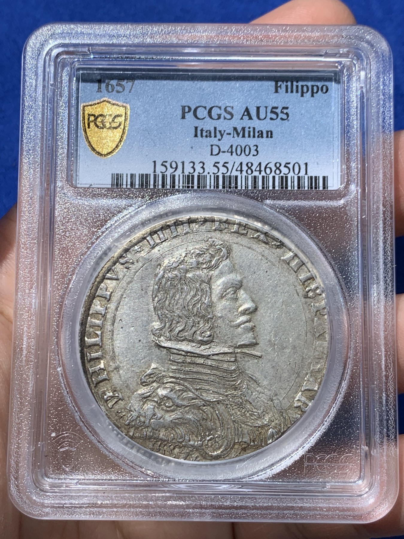《竞宝斋》第251场-周日，周一2场连拍 (全场包邮) PCGS AU55 1657年米兰公国菲利普四世Filippo大银币 低评，状态上佳，高点和纹章细节都在，比后期的卡洛斯二世少很多