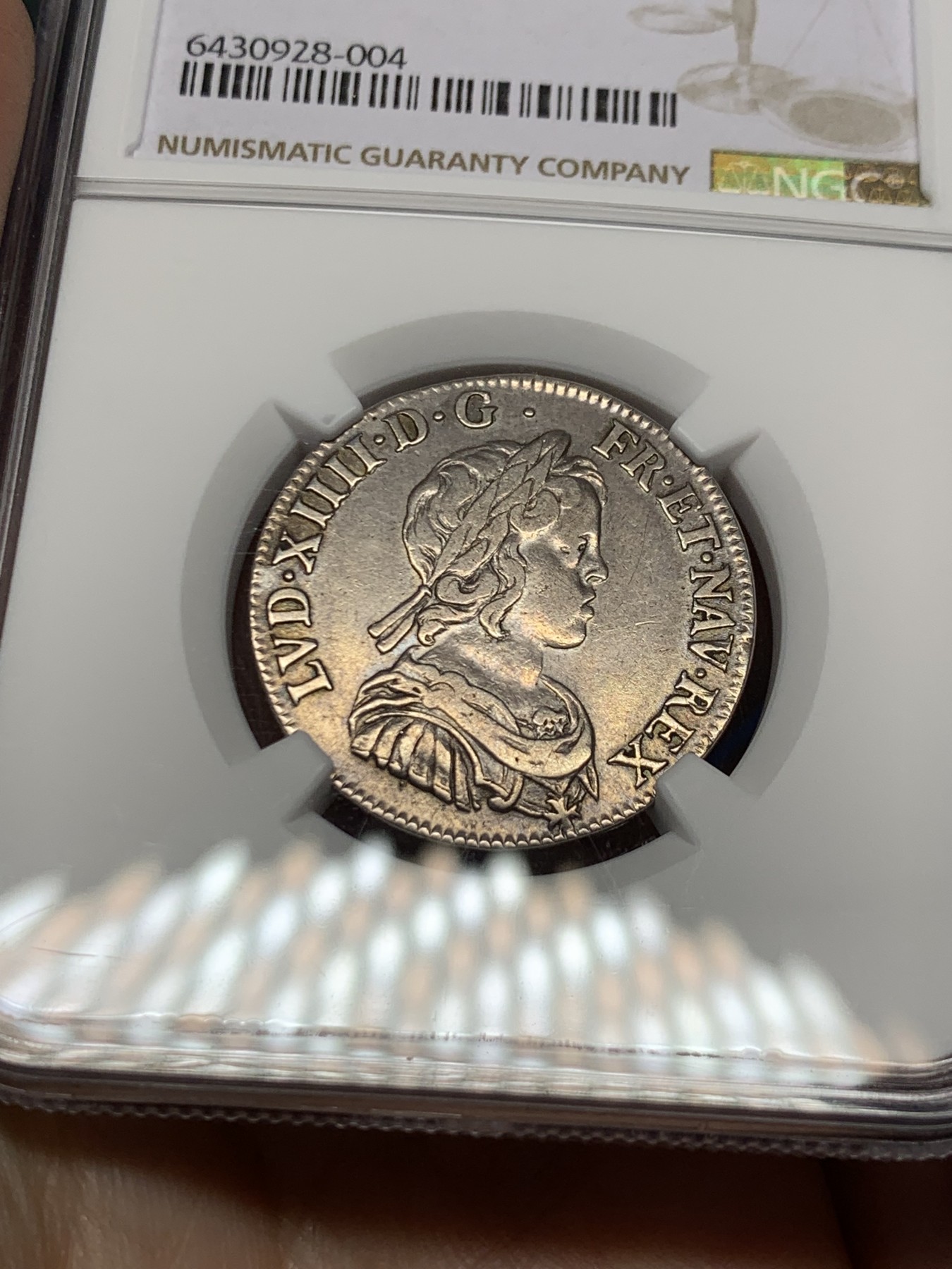 《竞宝斋》第251场-周日，周一2场连拍 (全场包邮) NGC XF45 1644年 法国路易十四少年版1/4埃居银币 深打带点彩无减重痕 埃居常见小规格带分的难见