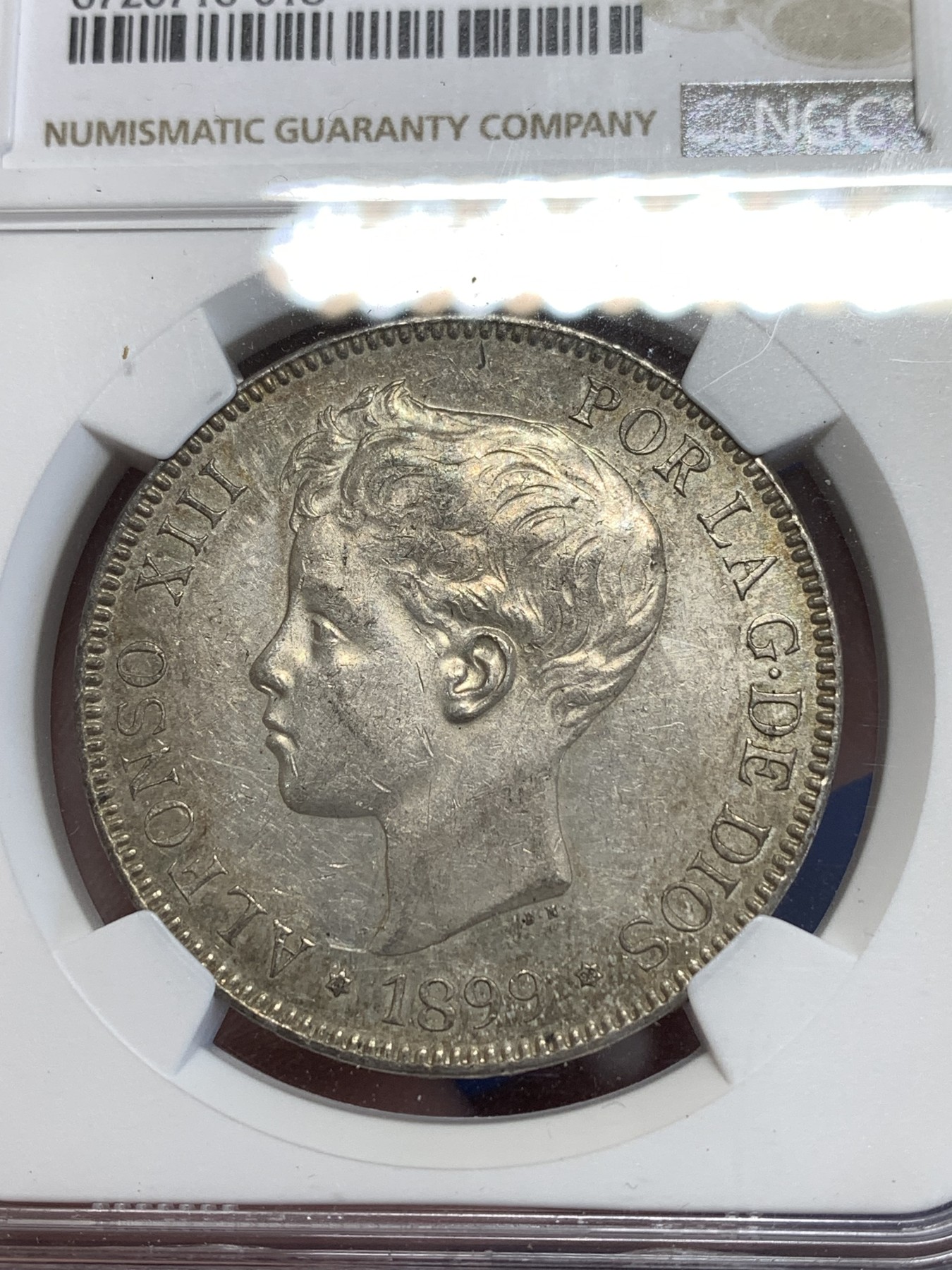 《竞宝斋》第251场-周日，周一2场连拍 (全场包邮) NGC AU58 西班牙1899年 国王阿方索十三世 小孩头 双柱 5比塞塔银币