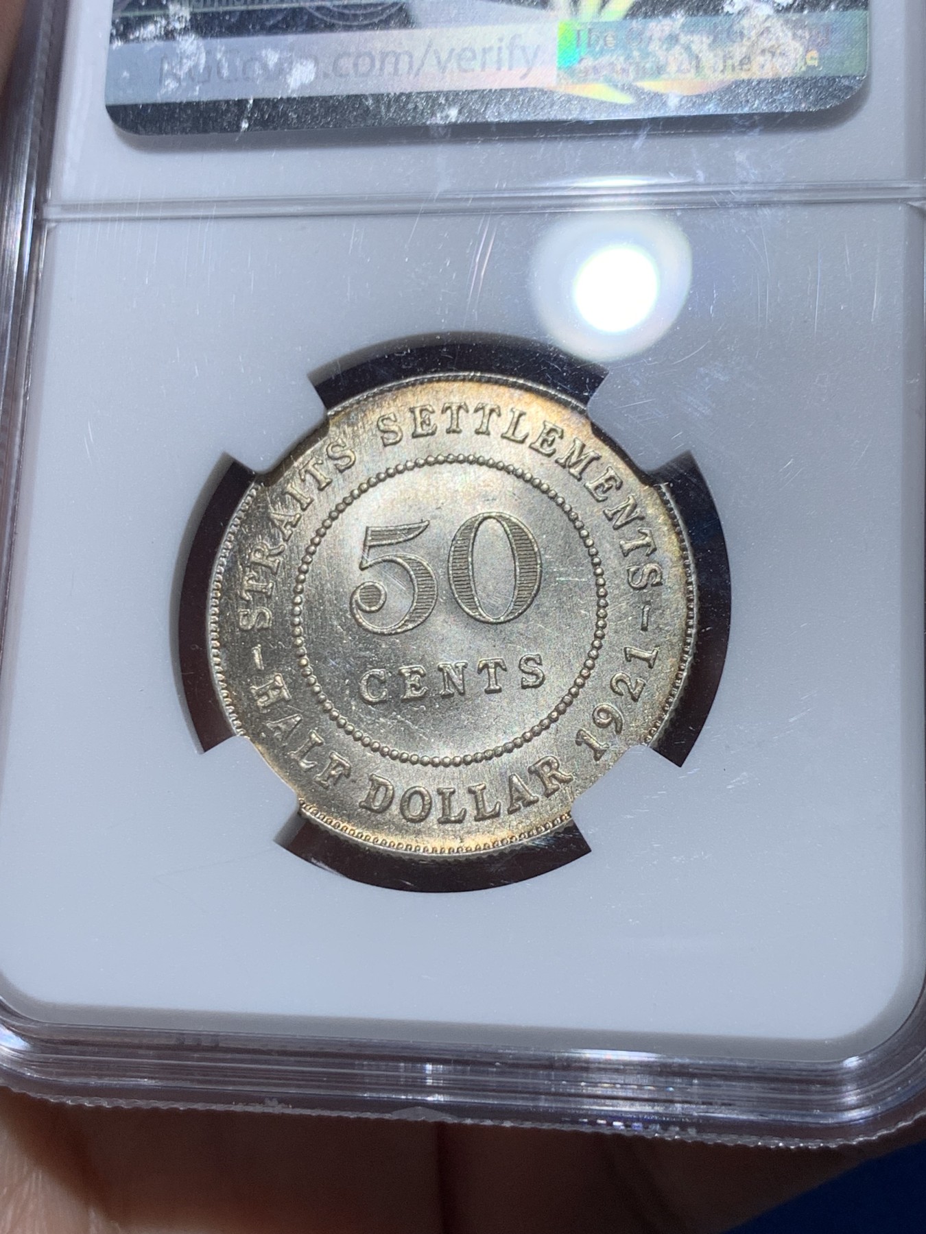 《竞宝斋》第251场-周日，周一2场连拍 (全场包邮) NGC MS63 英属海峡殖民地 1921年 50分银币 乔治五世 淡黄油包浆