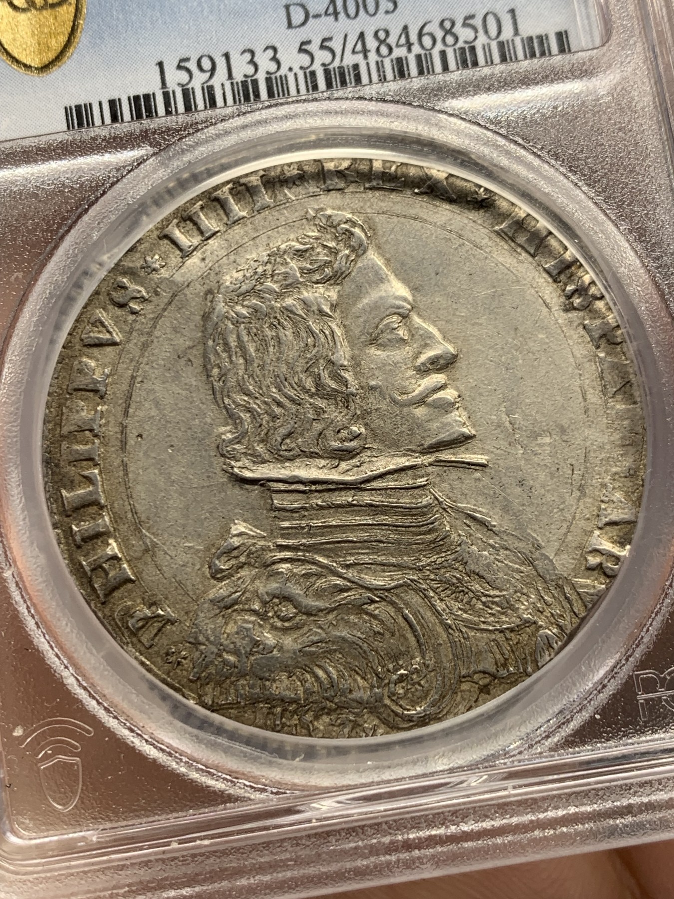 《竞宝斋》第251场-周日，周一2场连拍 (全场包邮) PCGS AU55 1657年米兰公国菲利普四世Filippo大银币 低评，状态上佳，高点和纹章细节都在，比后期的卡洛斯二世少很多