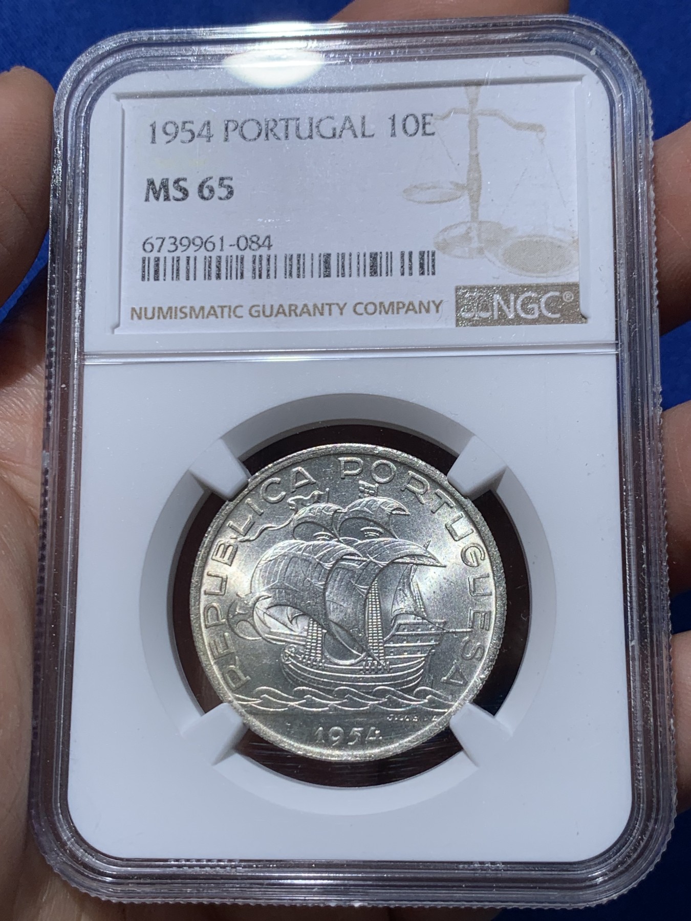 《竞宝斋》第251场-周日，周一2场连拍 (全场包邮) NGC MS65 葡萄牙1954年大帆船10埃斯库多银币