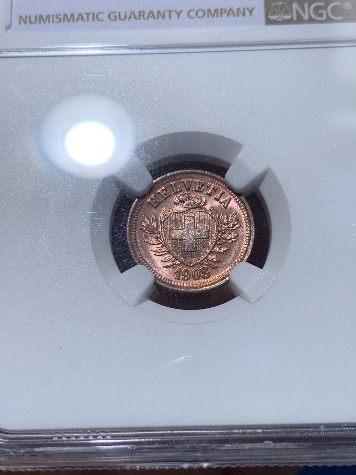《竞宝斋》第251场-周日，周一2场连拍 (全场包邮) NGC MS64RB 1908年瑞士1拉庞铜币，强镜面底板，近RD状态，原铜光闪闪