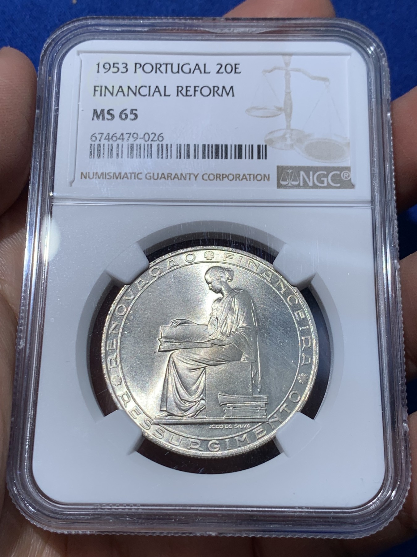 《竞宝斋》第251场-周日，周一2场连拍 (全场包邮) NGC MS65 葡萄牙1953年金融改革制度25周年20埃斯库多大银币