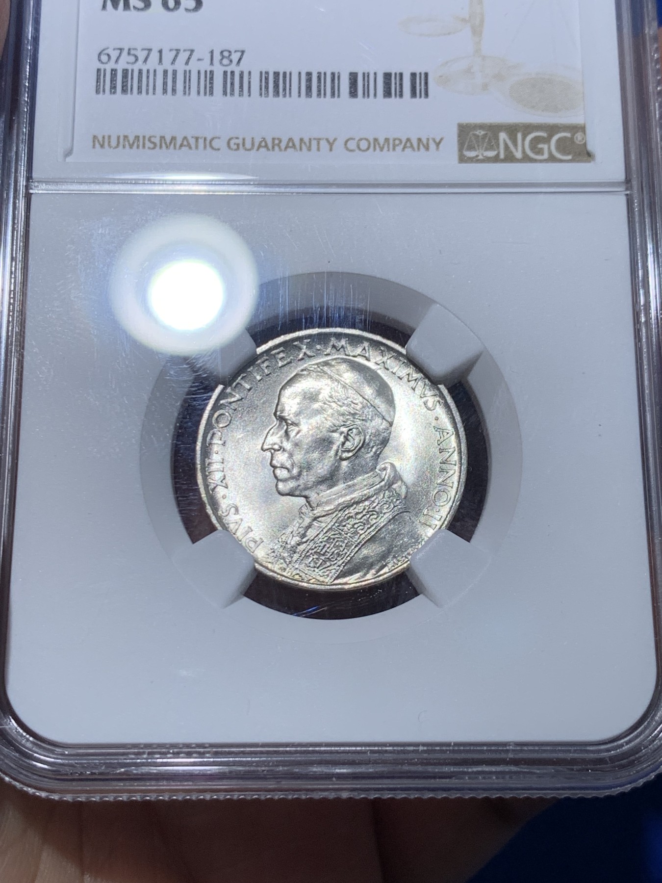 《竞宝斋》第251场-周日，周一2场连拍 (全场包邮) NGC MS65 梵蒂冈1940年小船5里拉银币