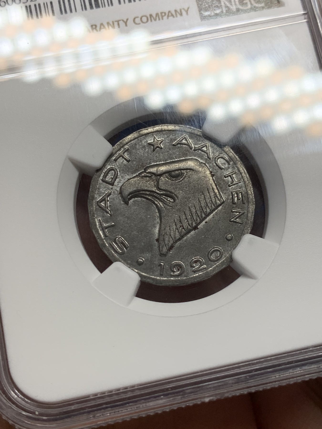 《竞宝斋》第251场-周日，周一2场连拍 (全场包邮) NGC MS63 1920年德国德紧亚琛鹰头50芬妮铁币 保存完好 难得的品相