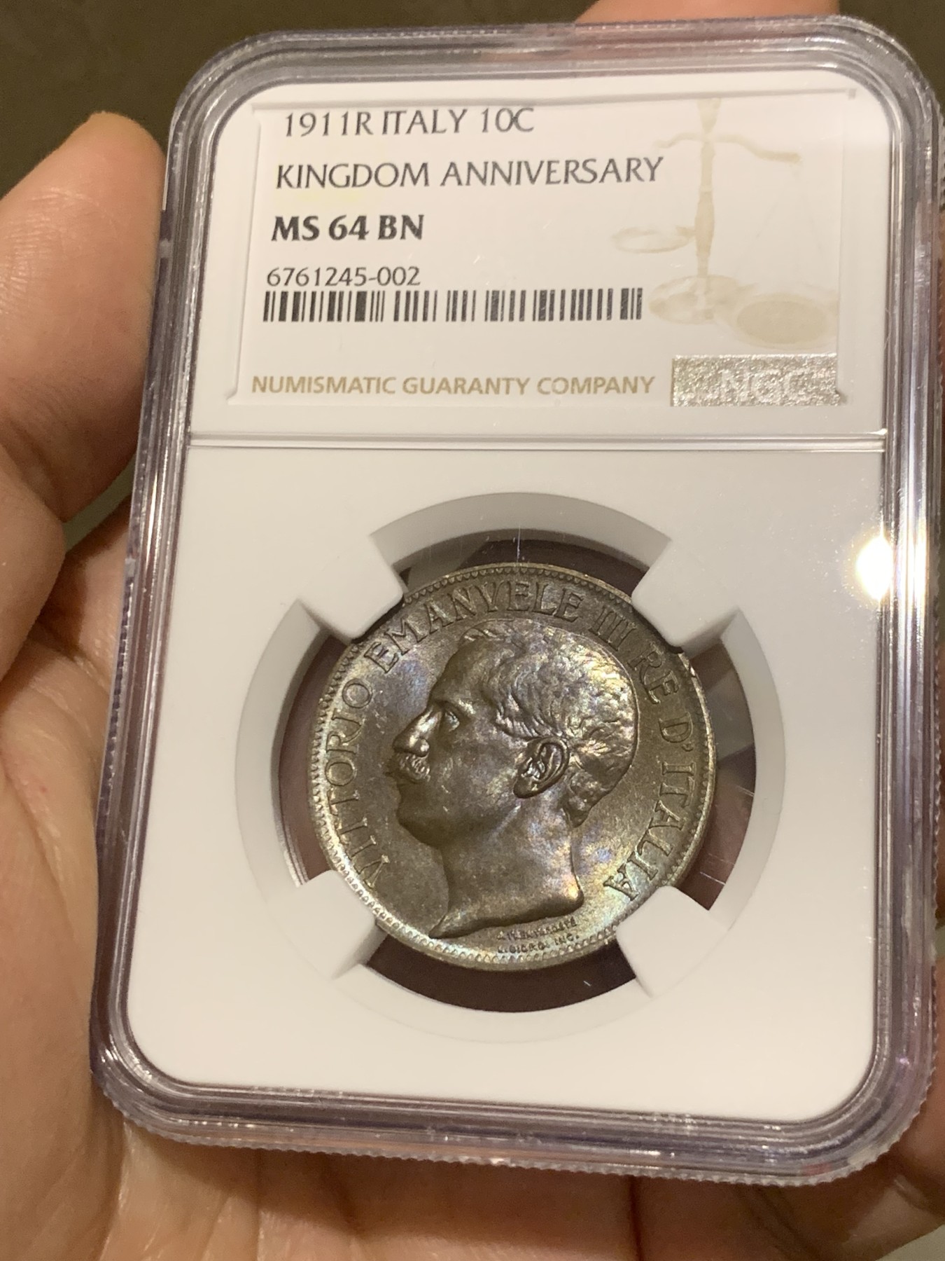 《竞宝斋》第251场-周日，周一2场连拍 (全场包邮) NGC MS64BN 意大利伊曼纽尔三世1911年托奶10分铜币