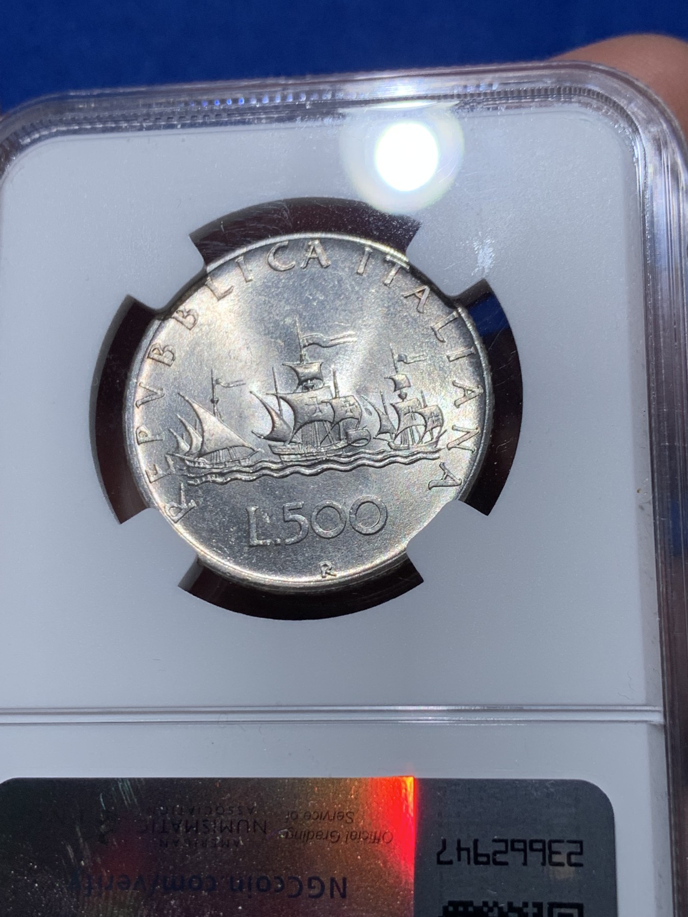 《竞宝斋》第251场-周日，周一2场连拍 (全场包邮) NGC UNC 意大利1958年500里拉银币 漂亮人妻带点彩 年份少见