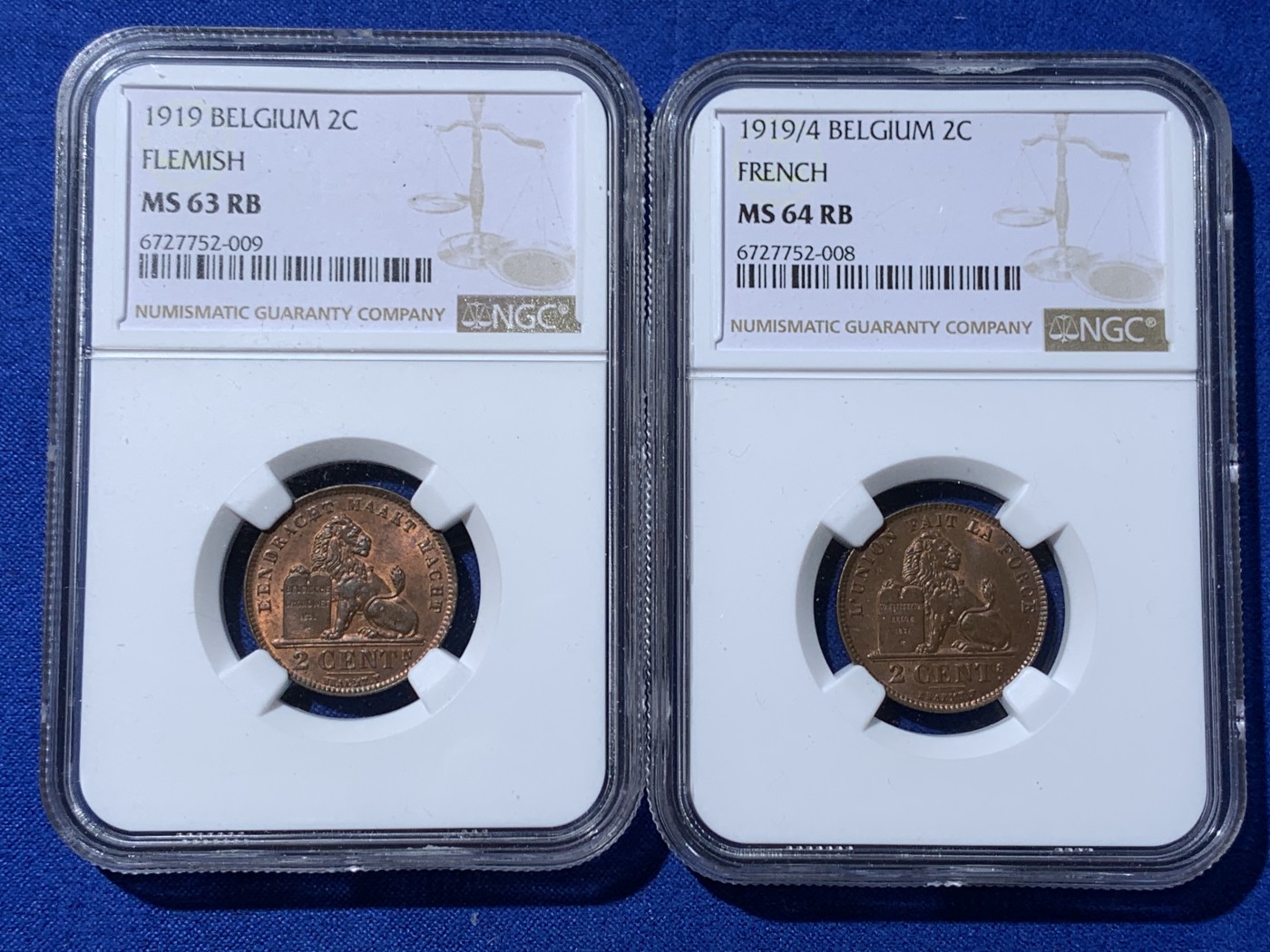 《竞宝斋》第251场-周日，周一2场连拍 (全场包邮) NGC MS64RB 比利时 亚军分 NGC MS63RB 第12名（均无RD） 比利时1919/4年（骑字）和1919年法语、佛莱芒语2分铜币一对，接近原铜光，棕色部分很少