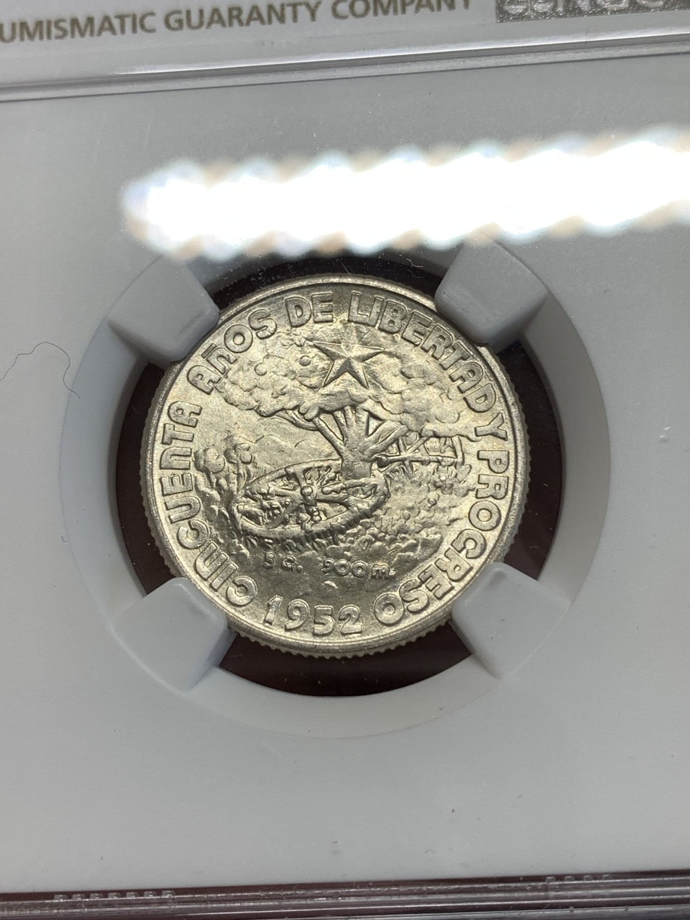 《竞宝斋》第251场-周日，周一2场连拍 (全场包邮) NGC MS64 古巴 1952年 50周年纪念 20分银币 分数不错