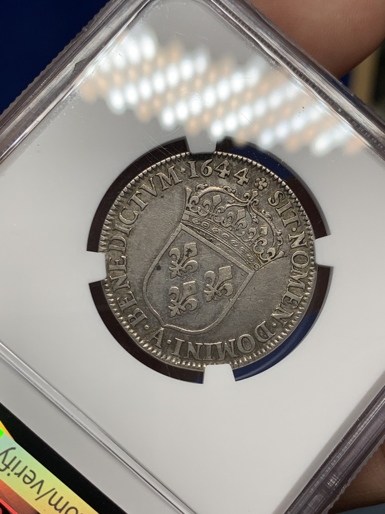 《竞宝斋》第251场-周日，周一2场连拍 (全场包邮) NGC XF45 1644年 法国路易十四少年版1/4埃居银币 深打带点彩无减重痕 埃居常见小规格带分的难见