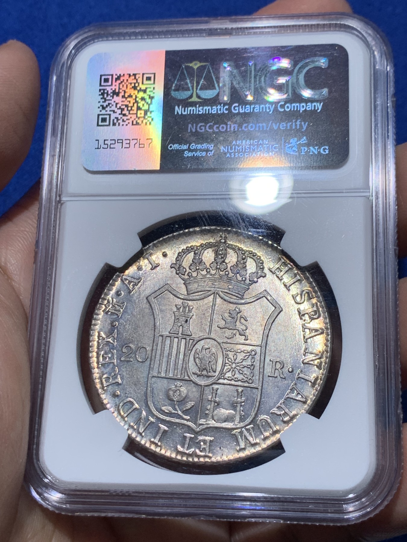 《竞宝斋》第251场-周日，周一2场连拍 (全场包邮) 唯一亚军分 NGC MS64+ 1812年 法占西班牙 约瑟夫拿破仑20R银币，细节极佳 发丝清晰 五彩包浆 底板如绸