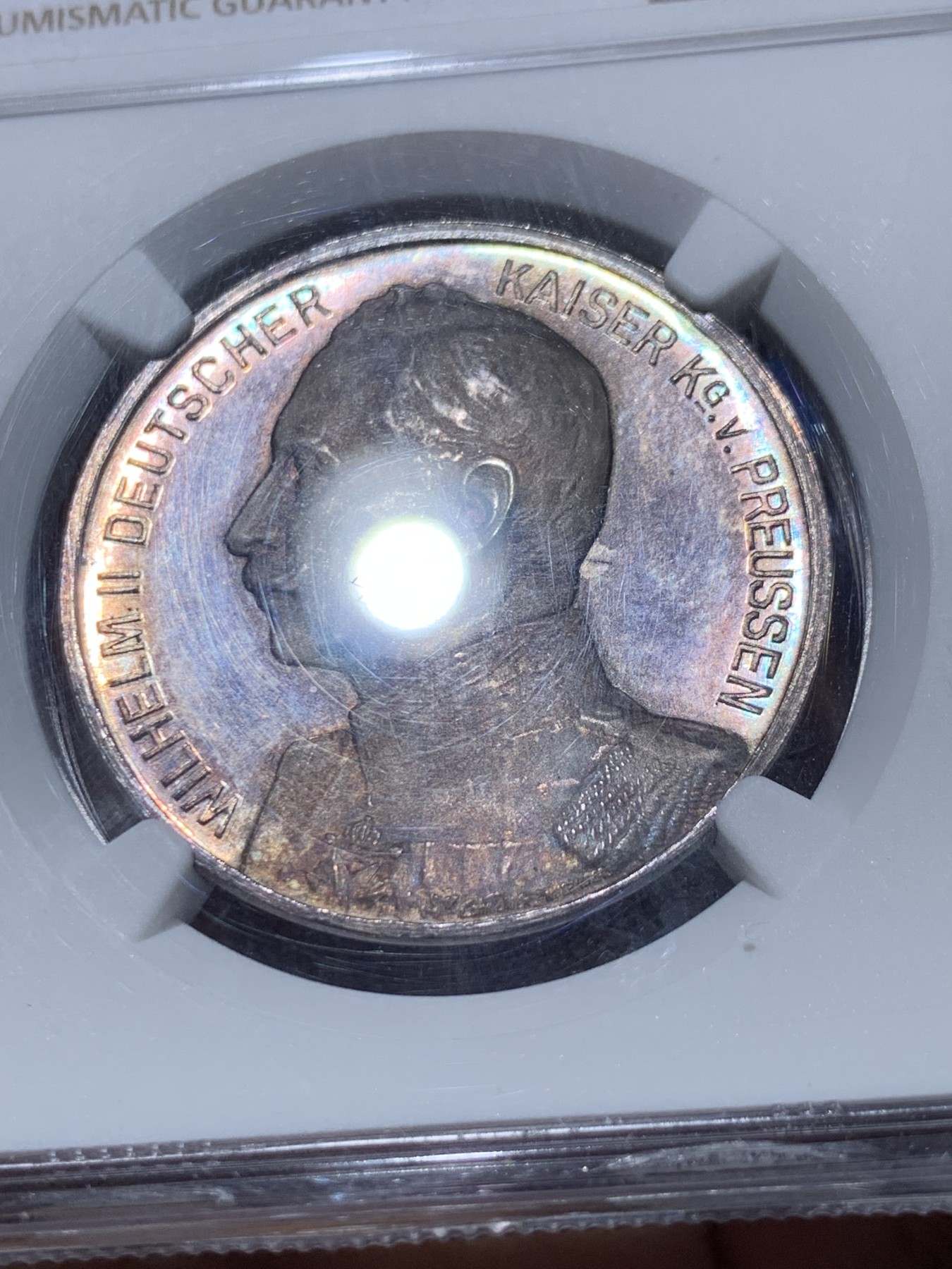 《竞宝斋》第251场-周日，周一2场连拍 (全场包邮) NGC MS64 1914年德国一战威廉二世开战纪念银章 镜面底板 五彩包浆 系列中比较稀少的一款