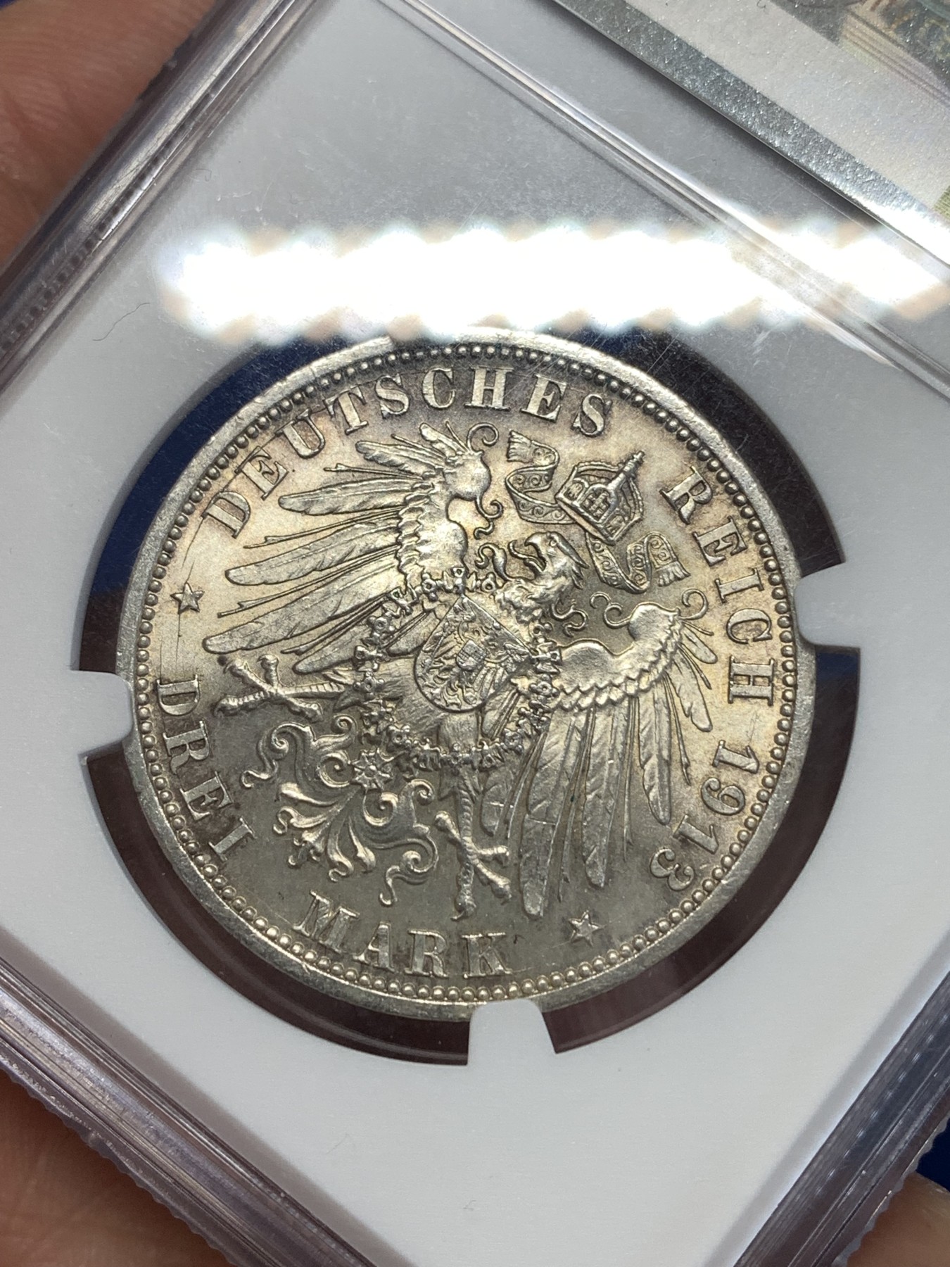 《竞宝斋》第251场-周日，周一2场连拍 (全场包邮) NGC MS62 德国普鲁士1913年威廉二世花枝3马克银币