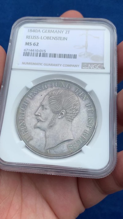 《竞宝斋》第251场-周日，周一2场连拍 (全场包邮) NGC MS62 德国 1840 罗伊斯公国 海因里希六世 2泰勒大银币 根据资料记录只发行2年，1840年只发行量2750枚 稀见品种