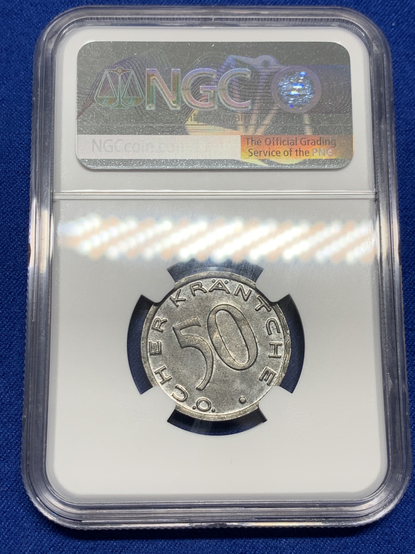 《竞宝斋》第251场-周日，周一2场连拍 (全场包邮) NGC MS63 1920年德国德紧亚琛鹰头50芬妮铁币 保存完好 难得的品相