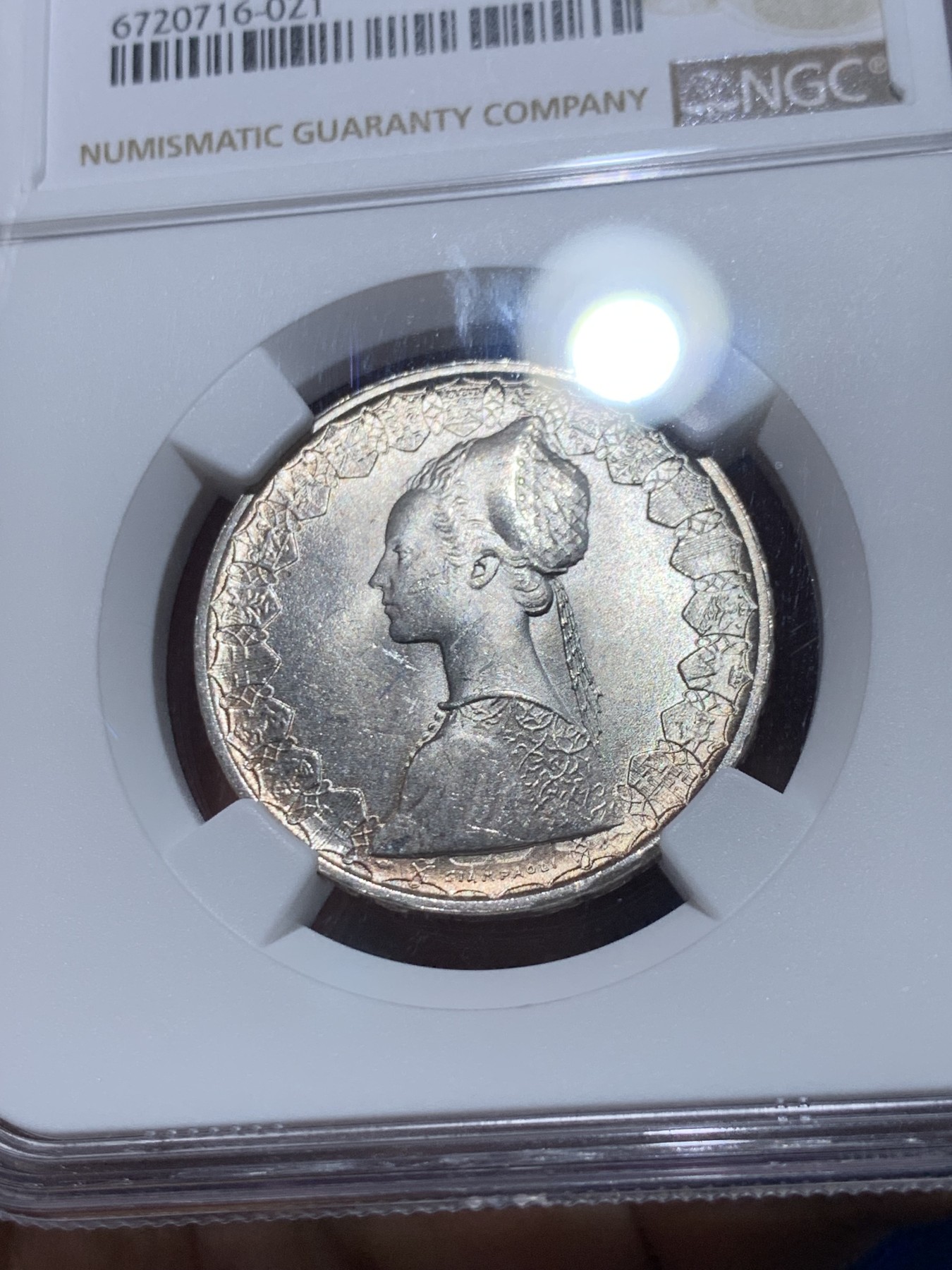 《竞宝斋》第251场-周日，周一2场连拍 (全场包邮) NGC UNC 意大利1958年500里拉银币 漂亮人妻带点彩 年份少见