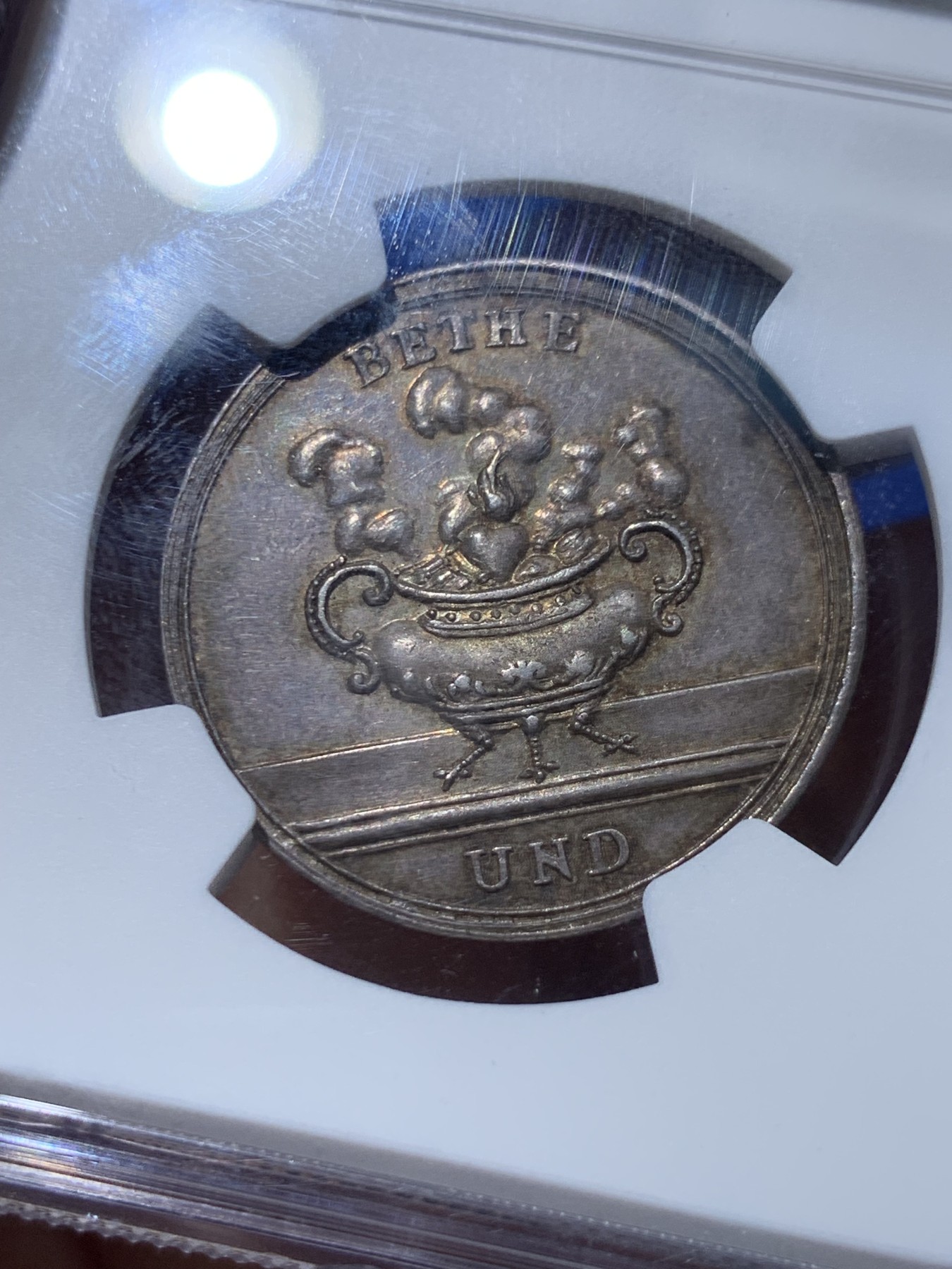 《竞宝斋》第251场-周日，周一2场连拍 (全场包邮) NGC MS62 1800年德国新世纪美好祝愿银章 努力勤奋！名家Loos作品 原味包浆舒服自然 稀少罕见