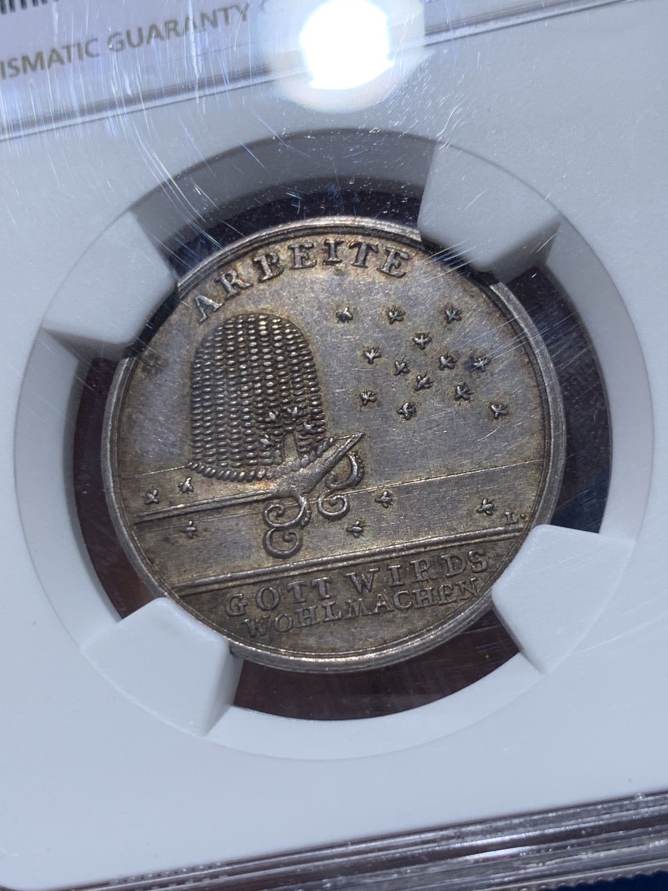 《竞宝斋》第251场-周日，周一2场连拍 (全场包邮) NGC MS62 1800年德国新世纪美好祝愿银章 努力勤奋！名家Loos作品 原味包浆舒服自然 稀少罕见