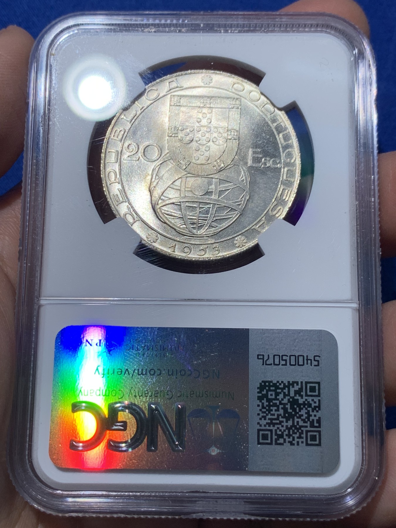 《竞宝斋》第251场-周日，周一2场连拍 (全场包邮) NGC MS65 葡萄牙1953年金融改革制度25周年20埃斯库多大银币