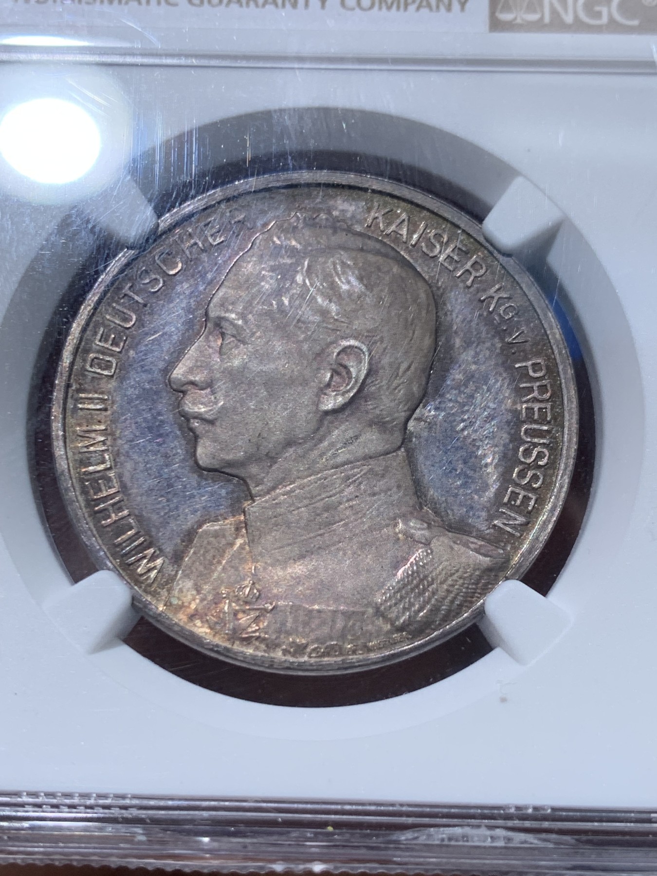 《竞宝斋》第251场-周日，周一2场连拍 (全场包邮) NGC MS64 1914年德国一战威廉二世开战纪念银章 镜面底板 五彩包浆 系列中比较稀少的一款