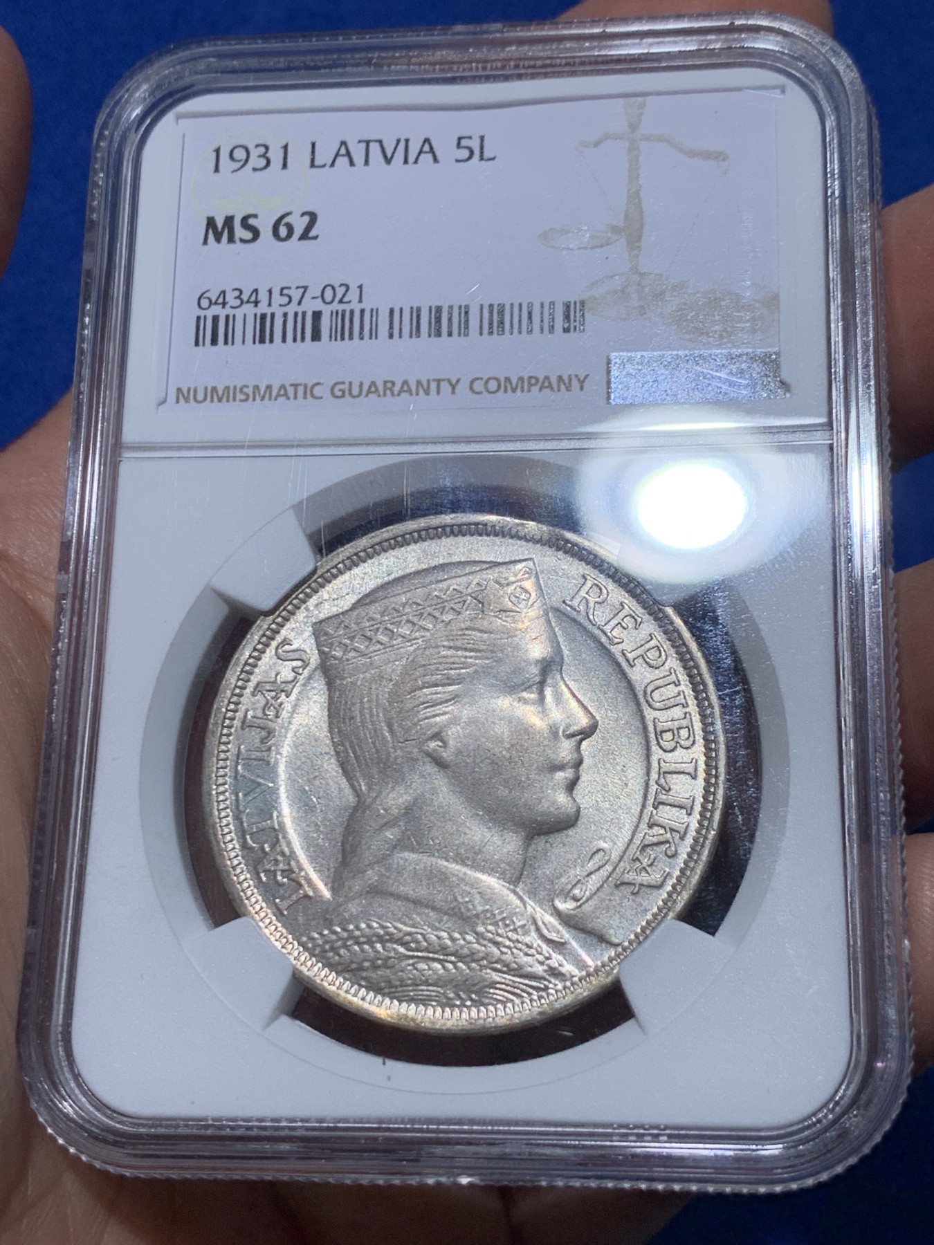 《竞宝斋》第251场-周日，周一2场连拍 (全场包邮) NGC MS62 拉脱维亚 1931年 谷物女神 5拉特大银币