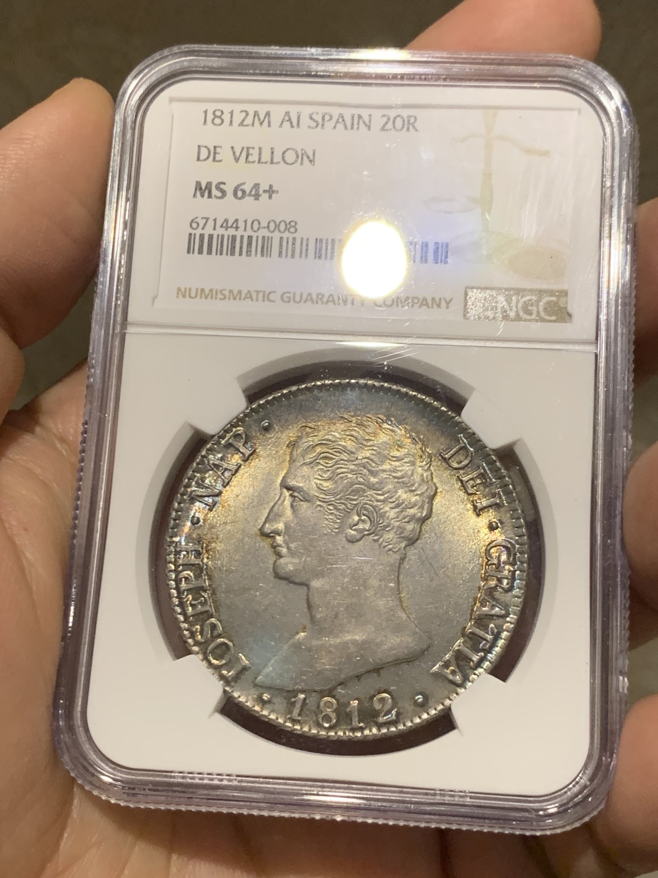 《竞宝斋》第251场-周日，周一2场连拍 (全场包邮) 唯一亚军分 NGC MS64+ 1812年 法占西班牙 约瑟夫拿破仑20R银币，细节极佳 发丝清晰 五彩包浆 底板如绸