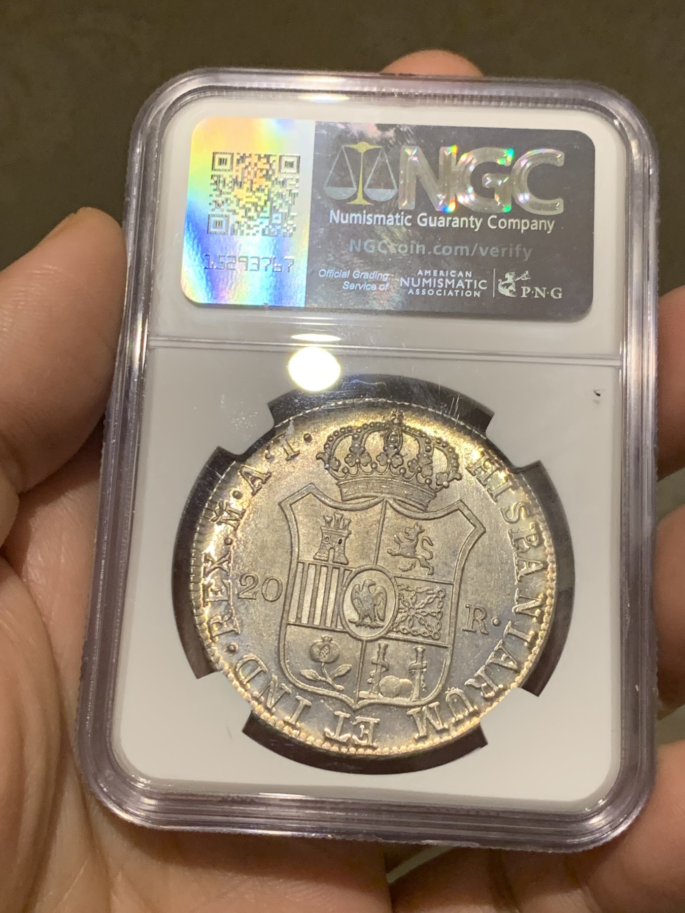 《竞宝斋》第251场-周日，周一2场连拍 (全场包邮) 唯一亚军分 NGC MS64+ 1812年 法占西班牙 约瑟夫拿破仑20R银币，细节极佳 发丝清晰 五彩包浆 底板如绸