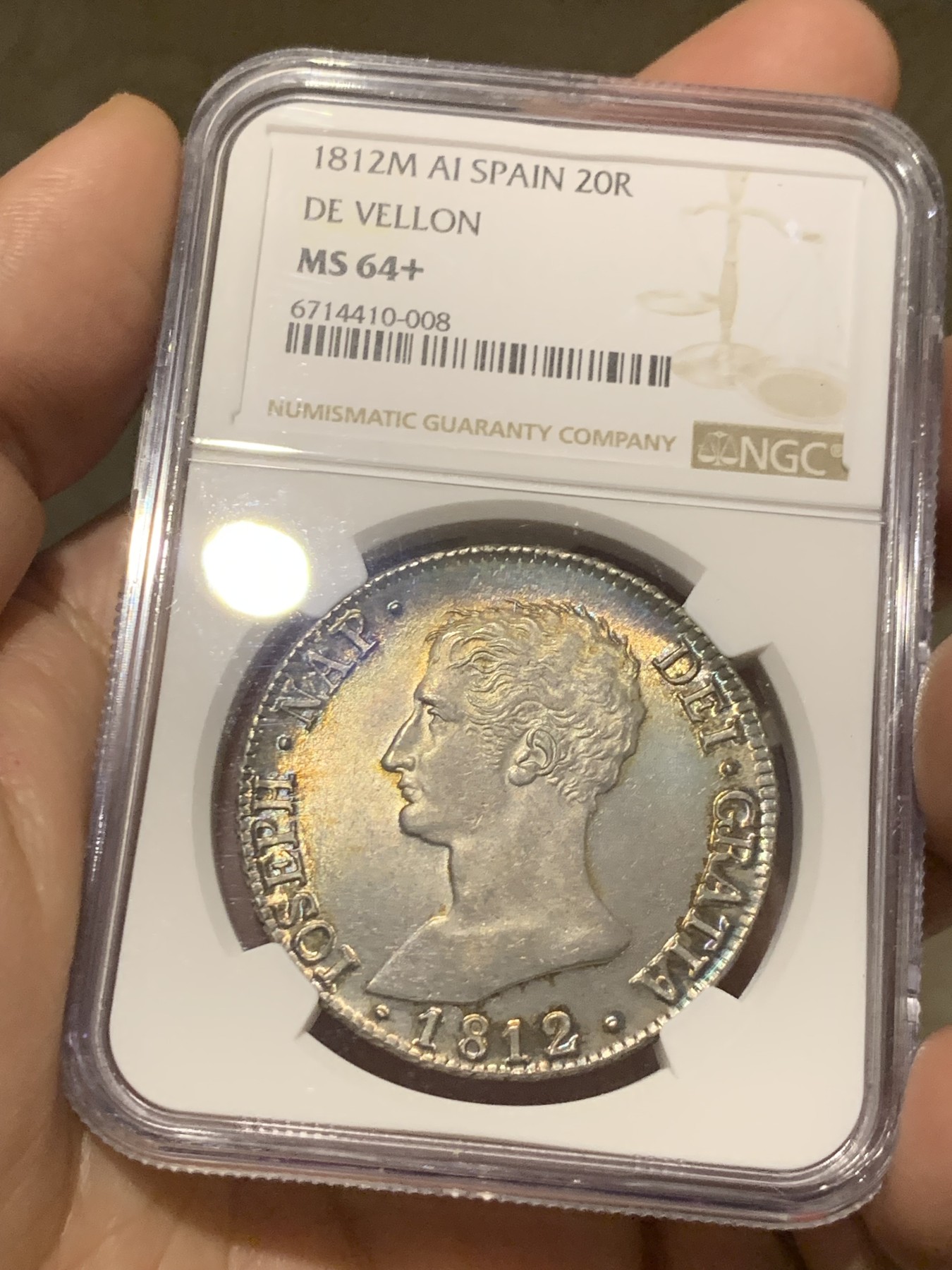 《竞宝斋》第251场-周日，周一2场连拍 (全场包邮) 唯一亚军分 NGC MS64+ 1812年 法占西班牙 约瑟夫拿破仑20R银币，细节极佳 发丝清晰 五彩包浆 底板如绸
