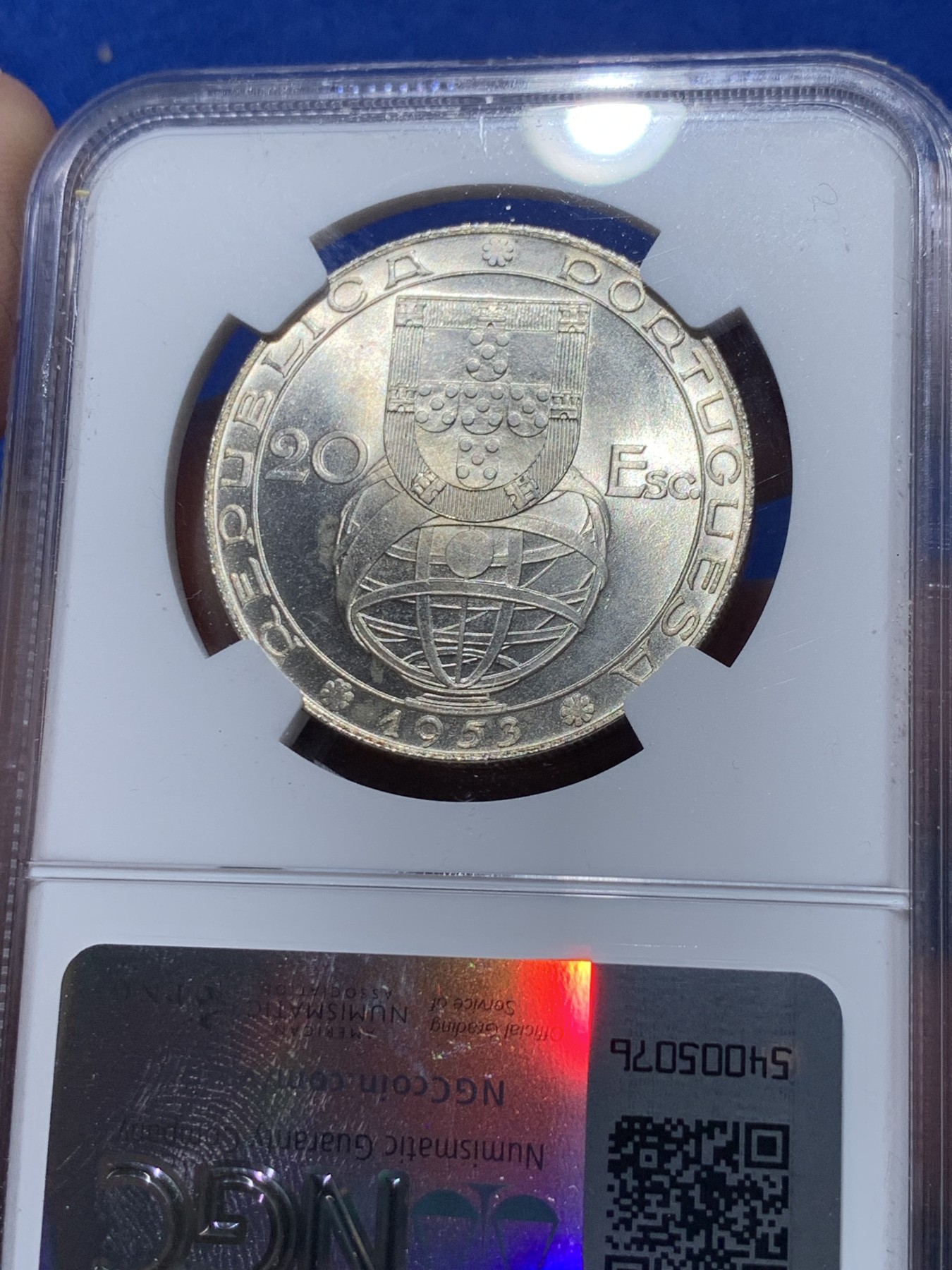 《竞宝斋》第251场-周日，周一2场连拍 (全场包邮) NGC MS65 葡萄牙1953年金融改革制度25周年20埃斯库多大银币