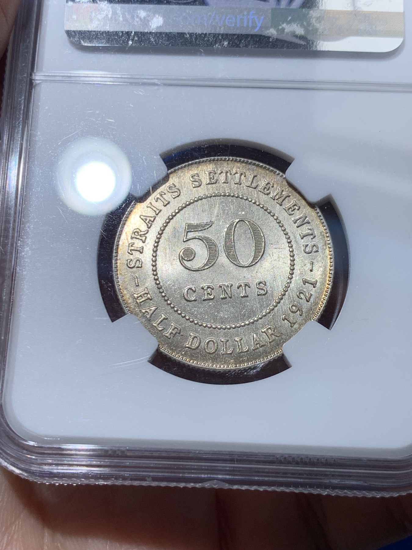 《竞宝斋》第251场-周日，周一2场连拍 (全场包邮) NGC MS63 英属海峡殖民地 1921年 50分银币 乔治五世 淡黄油包浆