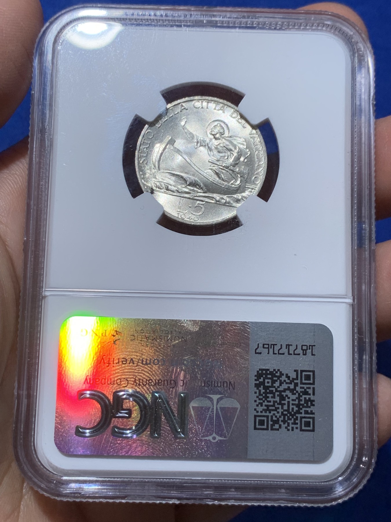 《竞宝斋》第251场-周日，周一2场连拍 (全场包邮) NGC MS65 梵蒂冈1940年小船5里拉银币