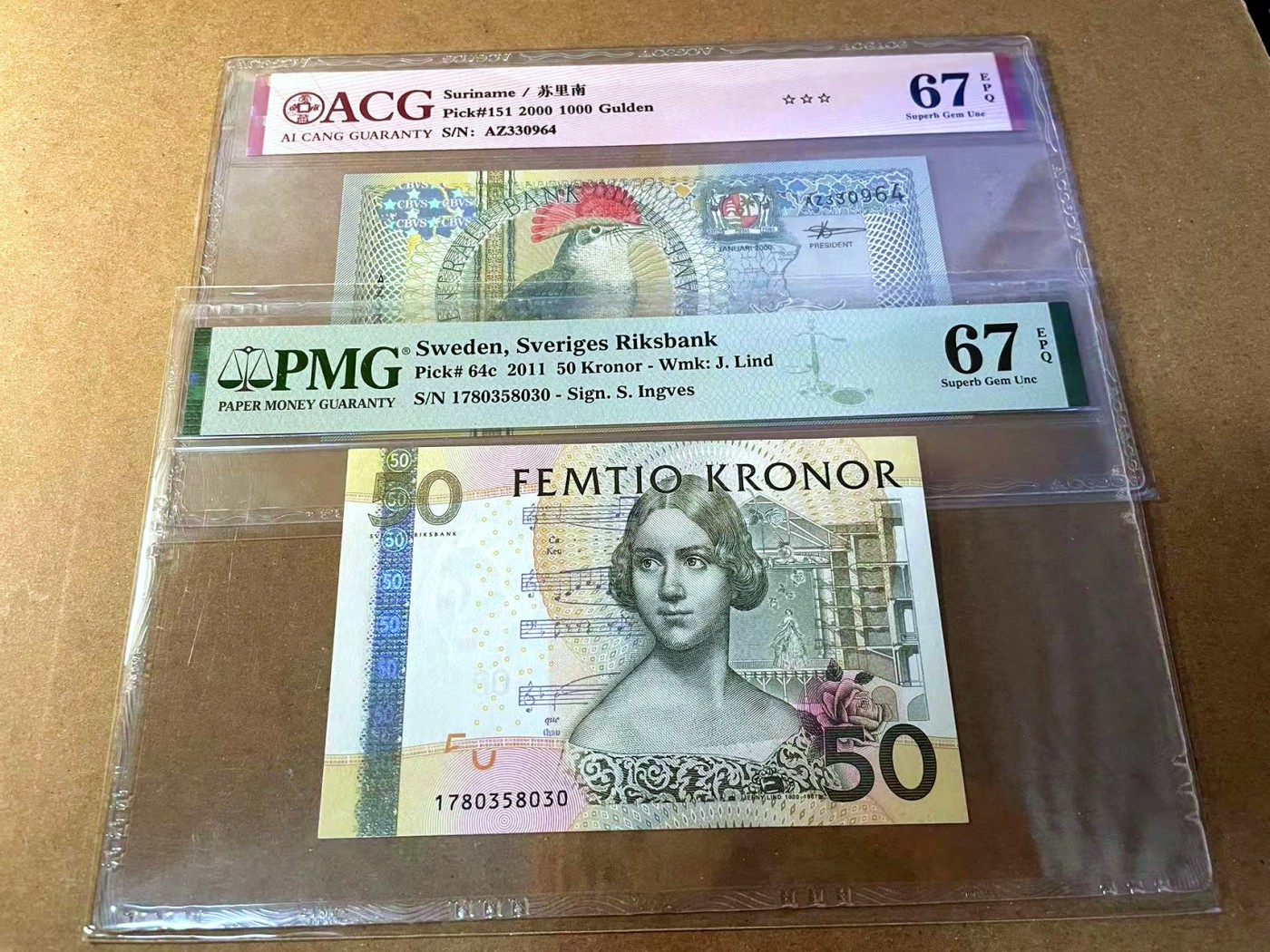 【Blue Auction】✨世界纸币精拍第453期【精】 【一组2张】瑞典 2011年50克朗 PMG67EPQ 高分&苏里南 2000年1000盾 ACG67EPQ 