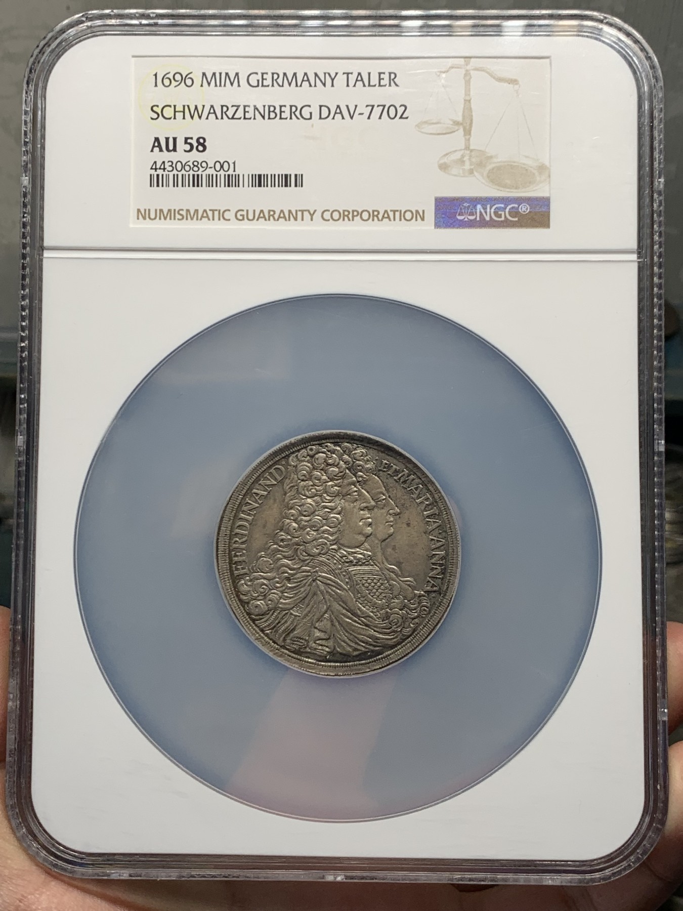 《竞宝斋》第251场-周日，周一2场连拍 (全场包邮) NGC AU58 德国1696施瓦岑贝格 双头泰勒大银币，费迪南和玛利亚安娜结婚纪念，季军分。